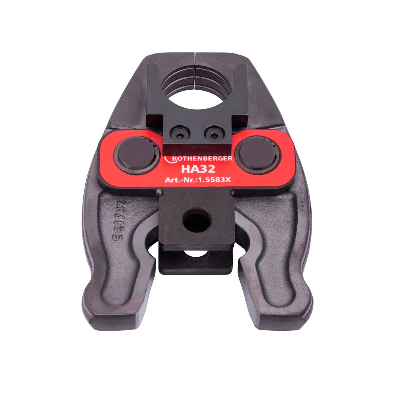 Rothenberger HA32 Presszange, Modell Art.-Nr.: 1.5583X. Schwarzes und rotes Werkzeug mit einer kreisförmigen Öffnung zur Rohranpassung.