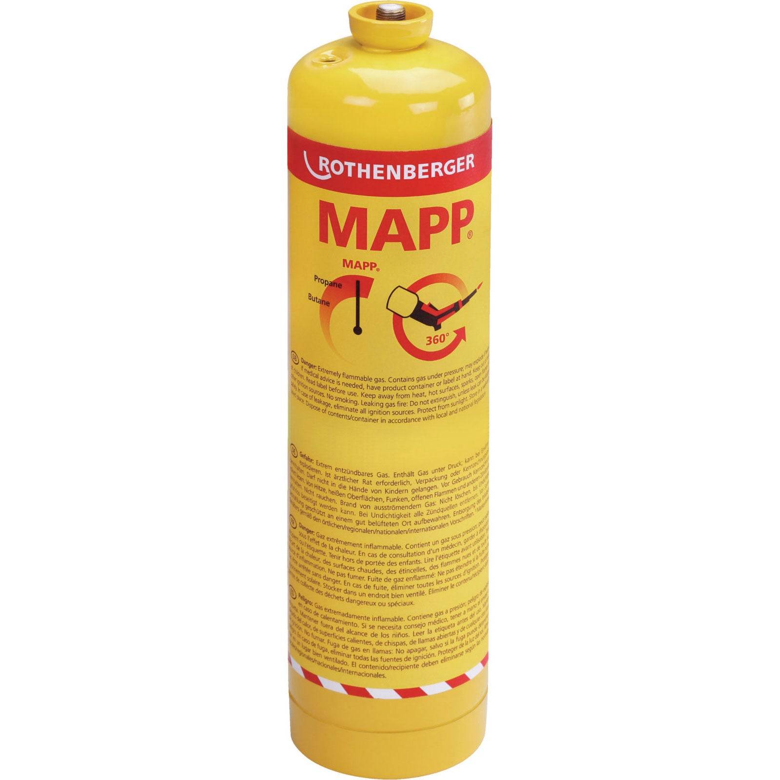 Gelbe 'Rothenberger MAPP' Gasflasche mit Sicherheitshinweisen auf dem Etikett. Entwickelt für Hochtemperatureinsatz, geeignet zum Löten.