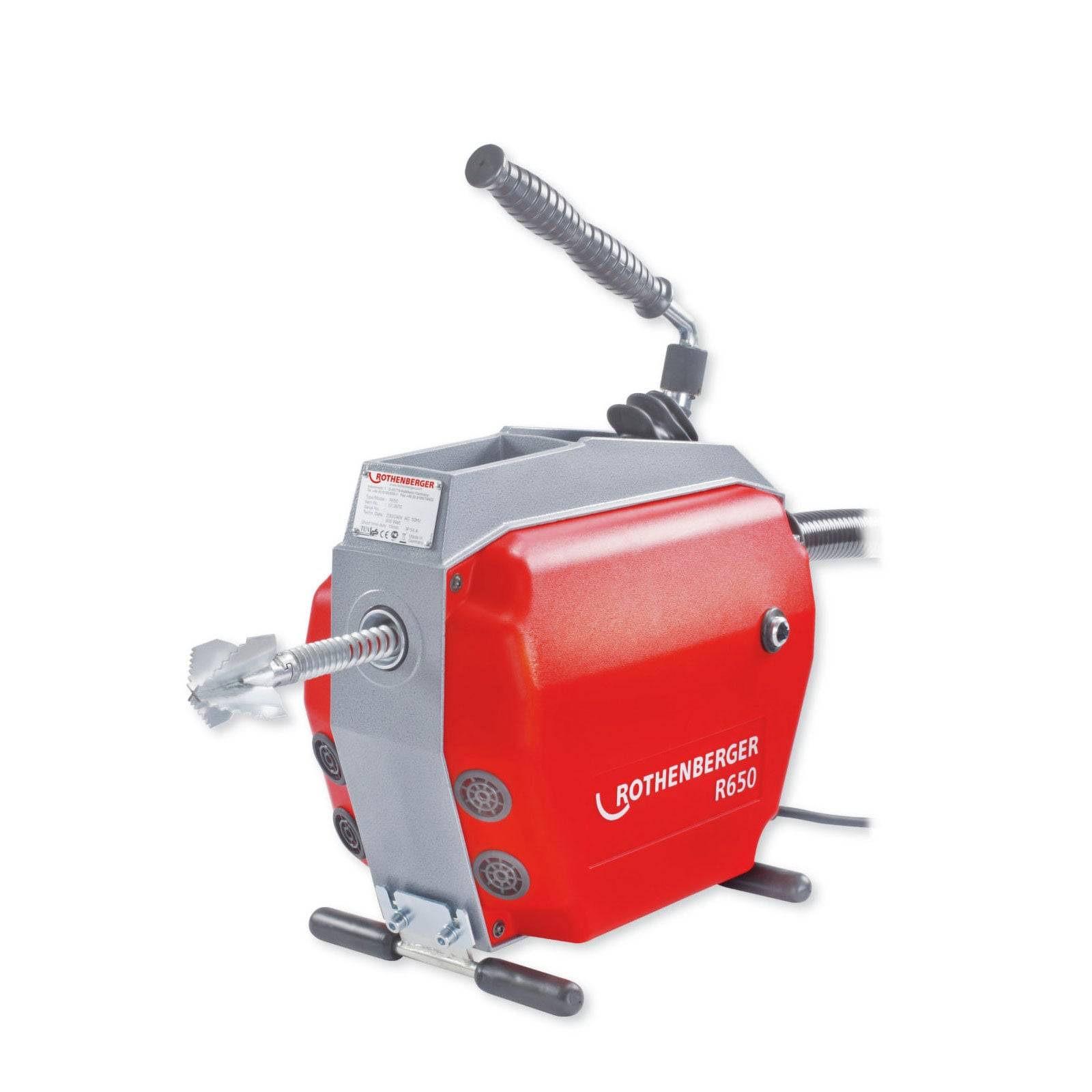 Rohrreinigungsmaschine mit rotem Gehäuse und dem Logo 'Rothenberger R650', ausgestattet mit einer Metallspule, Bedienknöpfen und einem ergonomischen Griff.