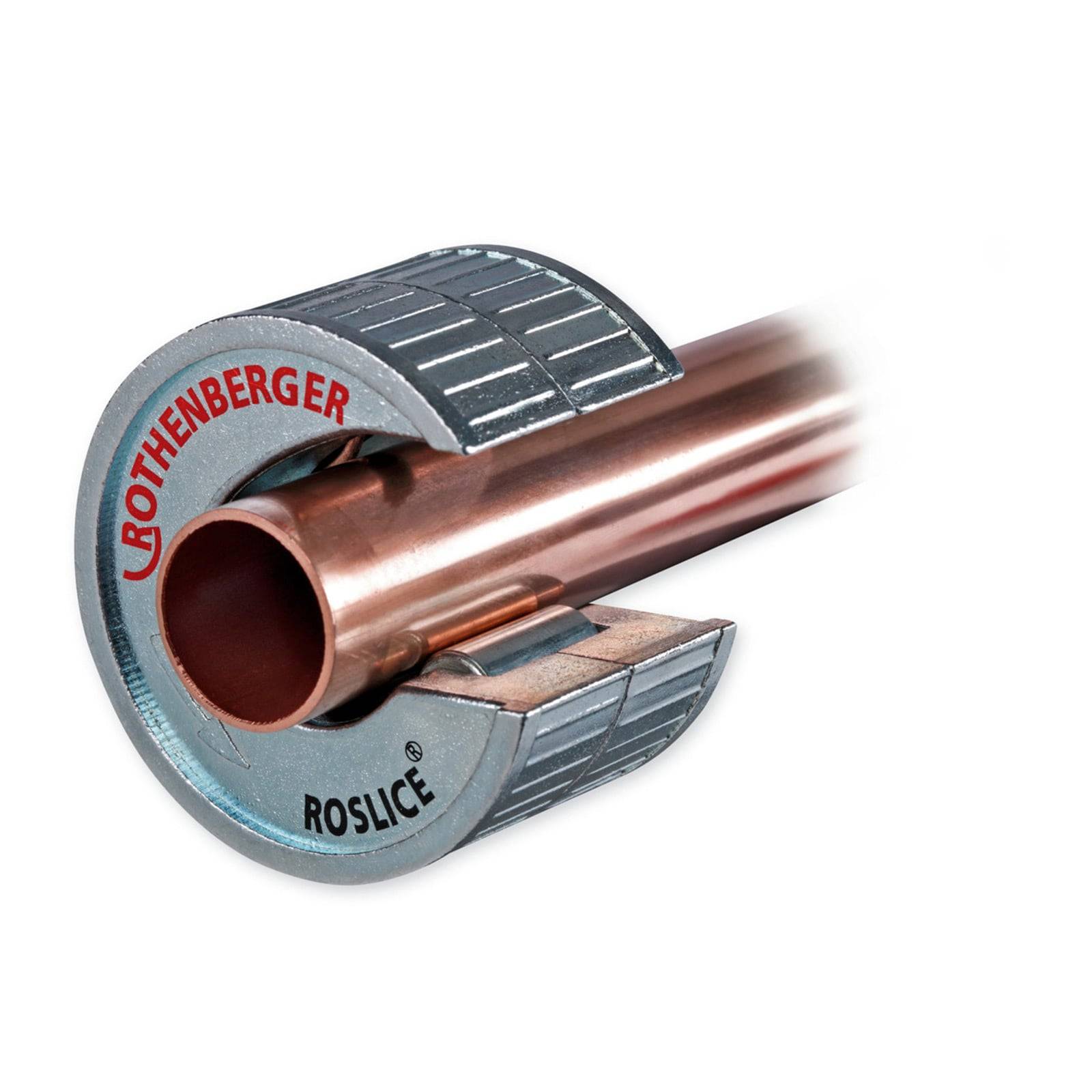 Ein Rohrabschneider umfasst ein Kupferrohr, wobei die Marke 'ROTHENBERGER' und das Modell 'ROSLICE' auf dem Werkzeug sichtbar sind.