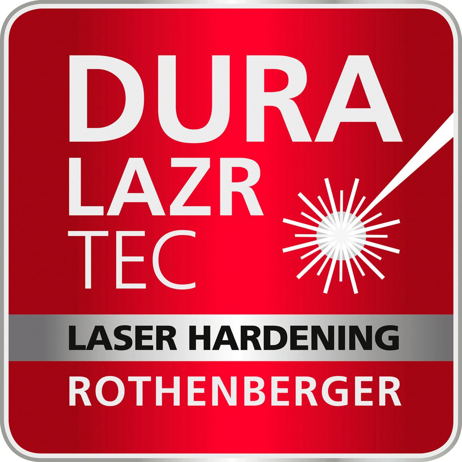 Rothenberger DURA LAZR TEC Laserhärtung' Logo mit einem Laserstrahldesign auf rotem Hintergrund.