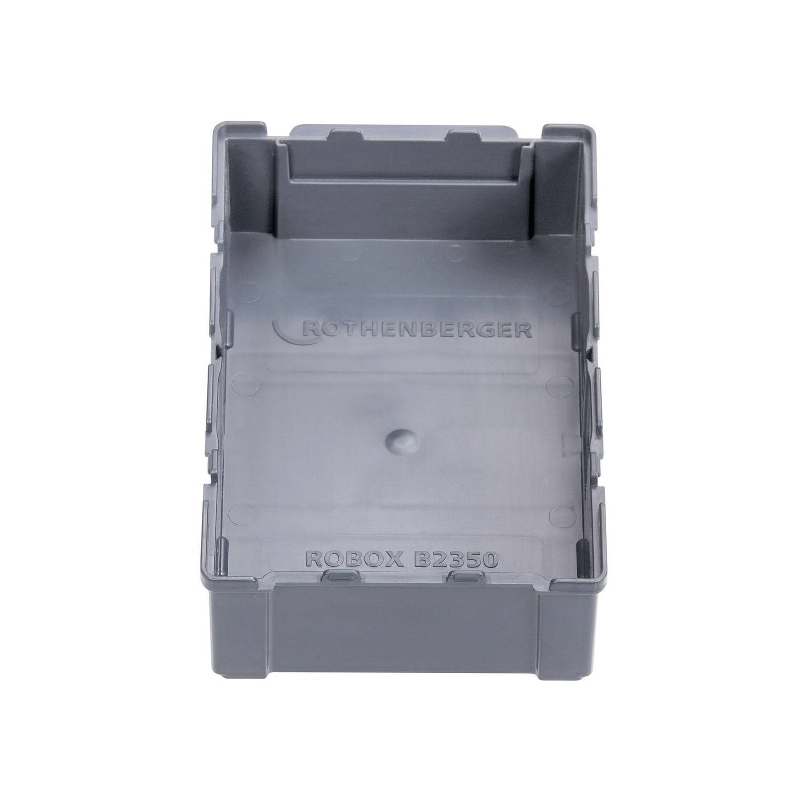 Ein robuster, leerer grauer Plastikbehälter mit der Marke 'Rothenberger' und dem Modell 'Robox B3250', eingraviert auf der Bodenfläche.