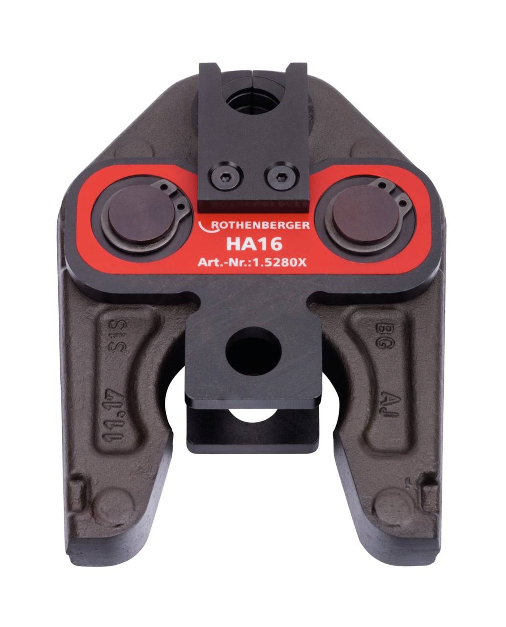 Nahaufnahme eines Metallcrimpwerkzeugkopfes mit zwei kreisrunden Öffnungen, mit der Beschriftung 