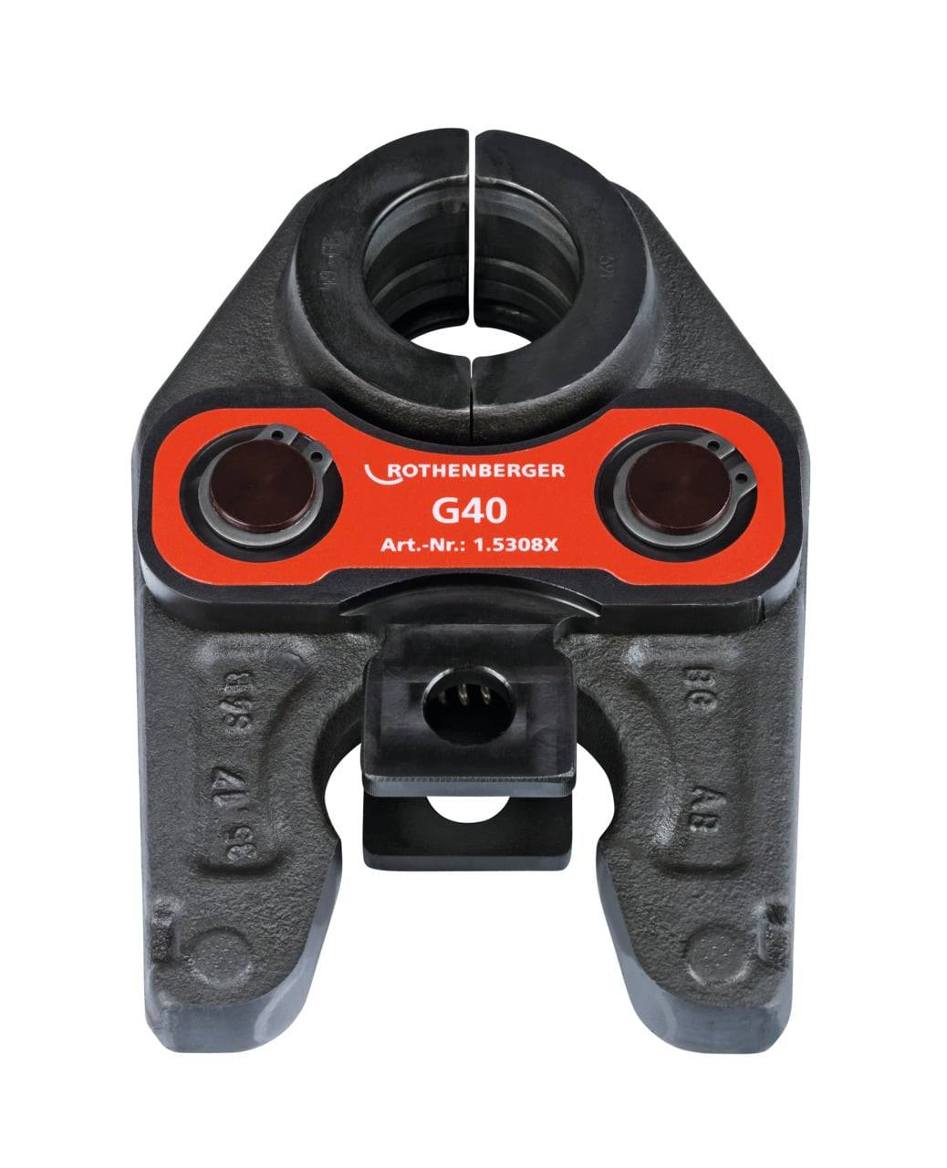 Crimpwerkzeug-Kopf mit der Bezeichnung 'ROTHENBERGER G40' mit einer zentralen Öffnung und roten Akzenten, verwendet für Klempner- und Rohrleitungsarbeiten.