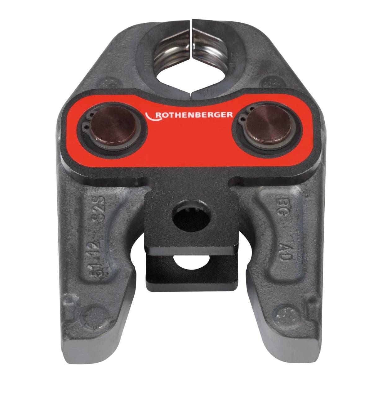 Eine Metallpressbacke mit rot und schwarzen Details, verwendet zum Verbinden von Rohren in sanitären Anwendungen.