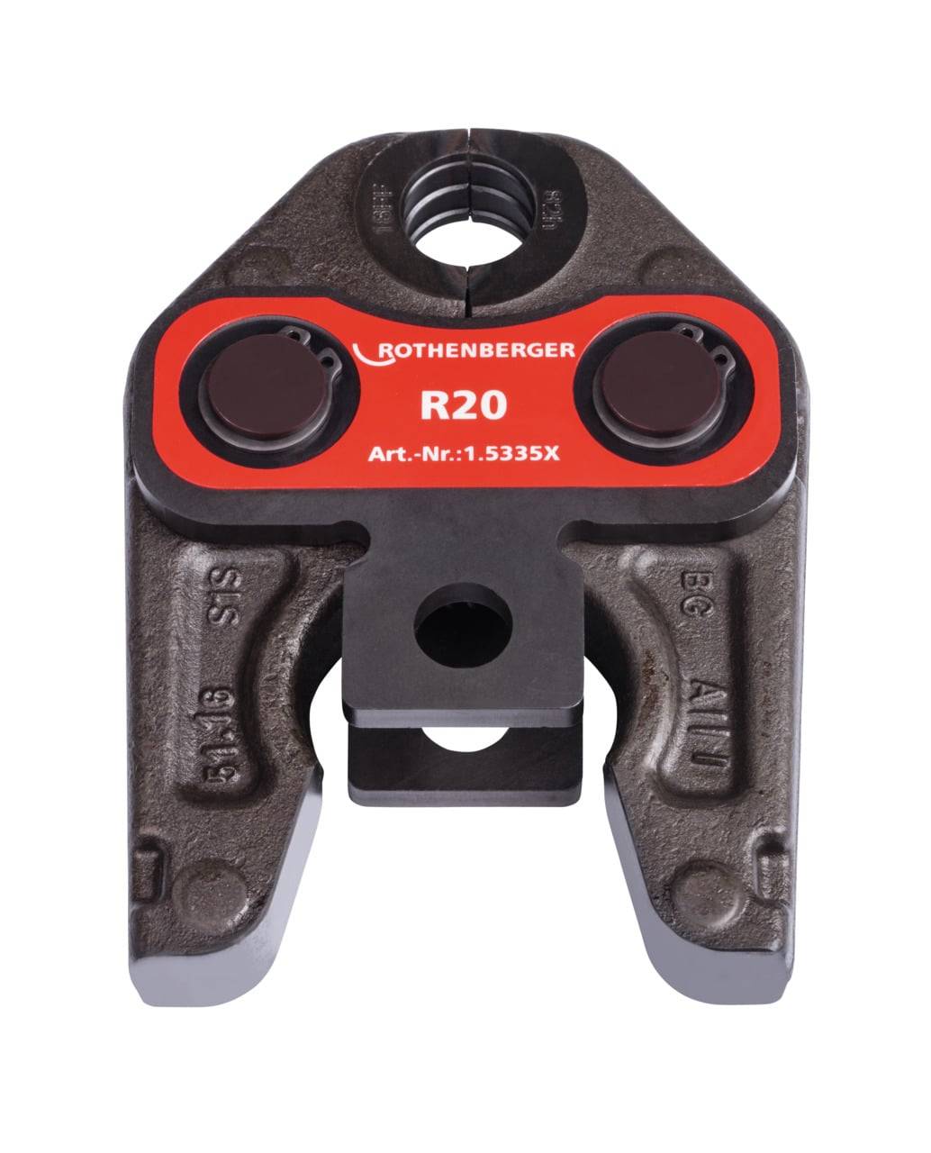 Pressbacke mit der Bezeichnung 'Rothenberger R20 Art.-Nr.:1.5335X', verwendet für Rohrverbindungsaufgaben, mit einem robusten metallischen Gehäuse und zwei schwarzen Tasten.