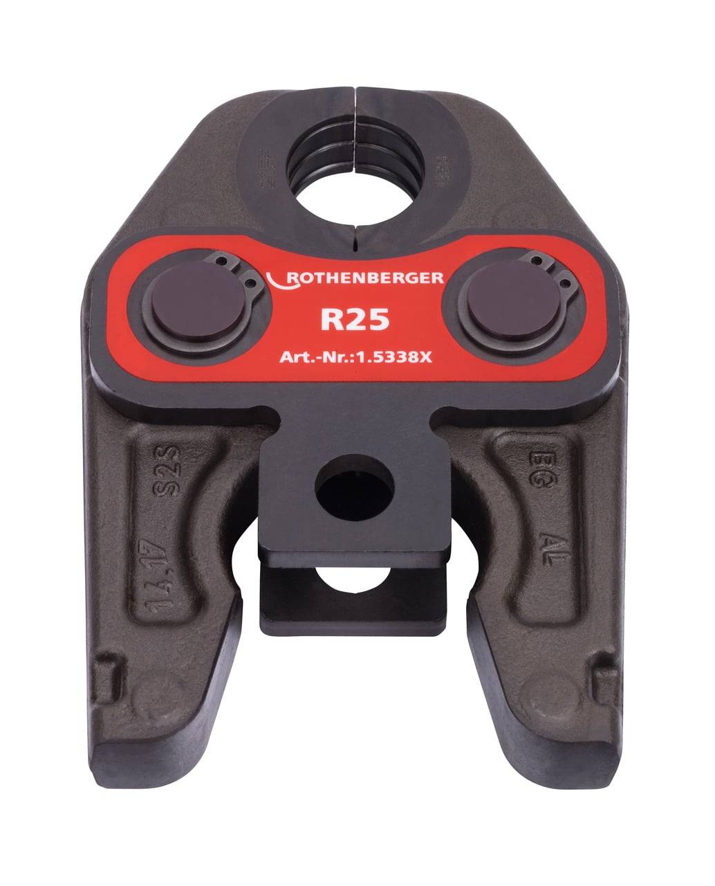 Rothenberger R25' Metallwerkzeugkopf mit rotem Etikett, zwei Tasten und zentraler Öffnung für Rohranschluss. Modellnummer 'Art.-Nr: 1.5338X'.