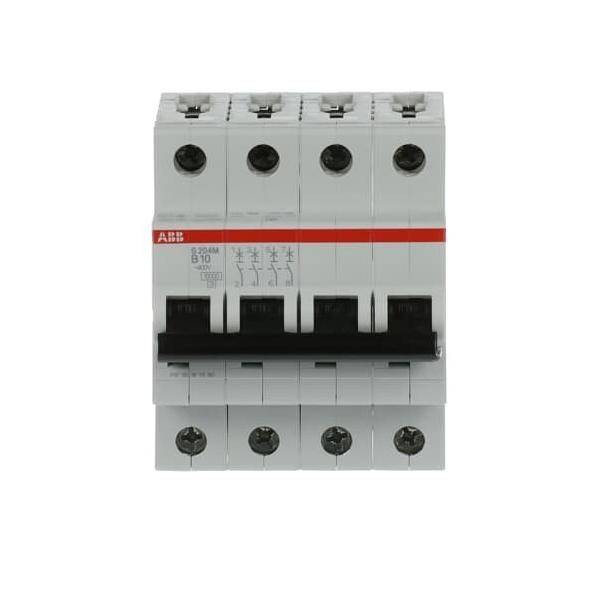 ABB S204M B10 4-poliger Leitungsschutzschalter, Frontansicht, mit vier Kippschaltern und Schraubklemmen, verwendet für elektrischen Schutz.