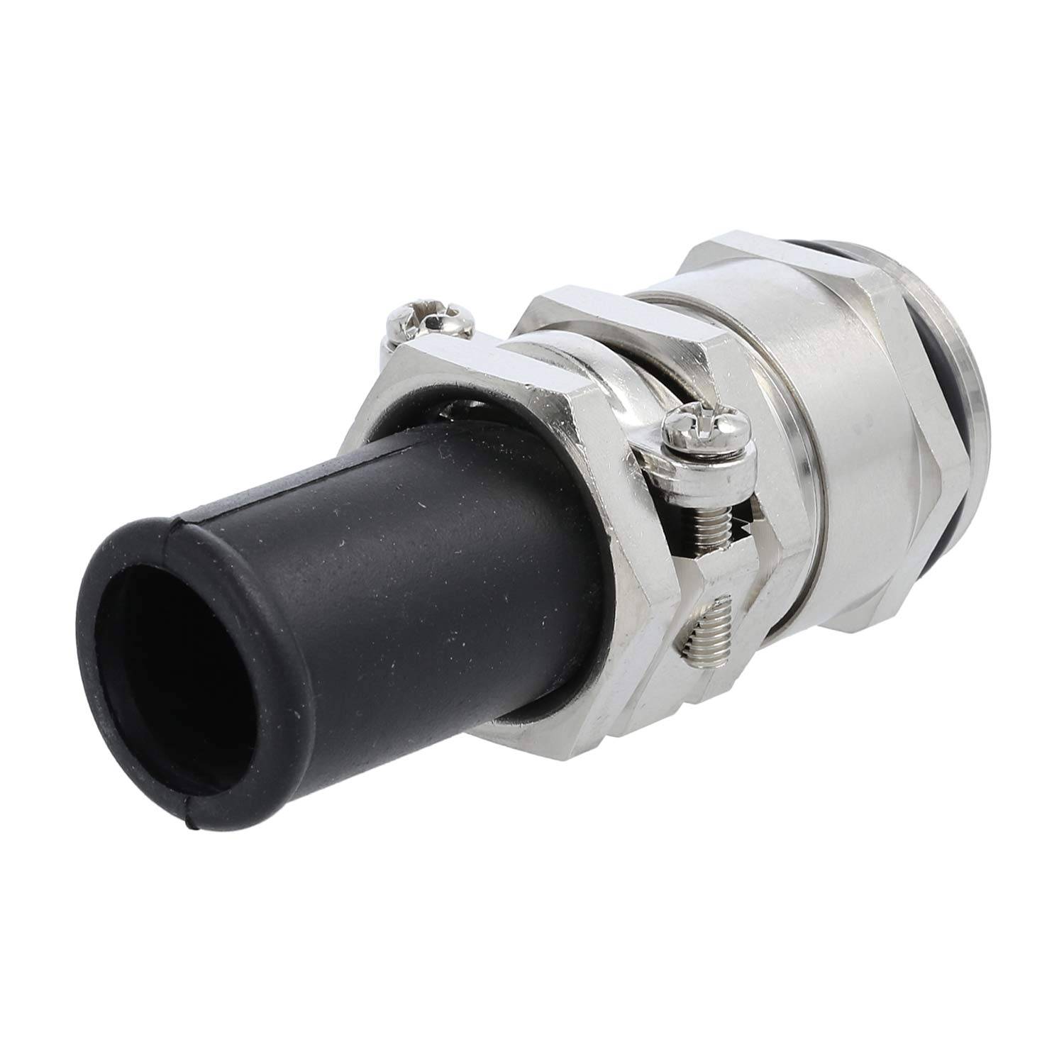 Eine Metall-Kabelverschraubung mit einer schwarzen gummierten Kabeldichtung, die zum Sichern von Kabeln durch Gehäuse verwendet wird, dargestellt auf einem weißen Hintergrund.