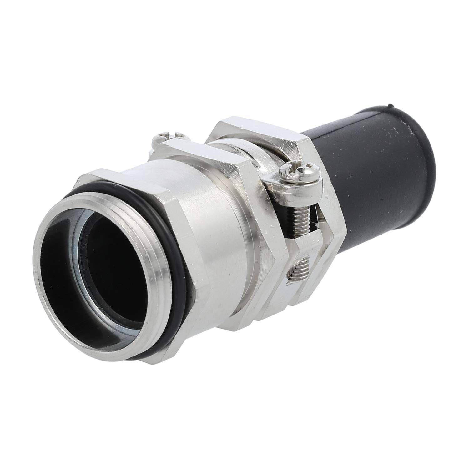 Ein Elektrokabelverbinder aus Metall und Kunststoff, der seine sechseckige Mutter und den geränderten Körper zur Befestigung und zum Schutz von Kabeln zeigt.