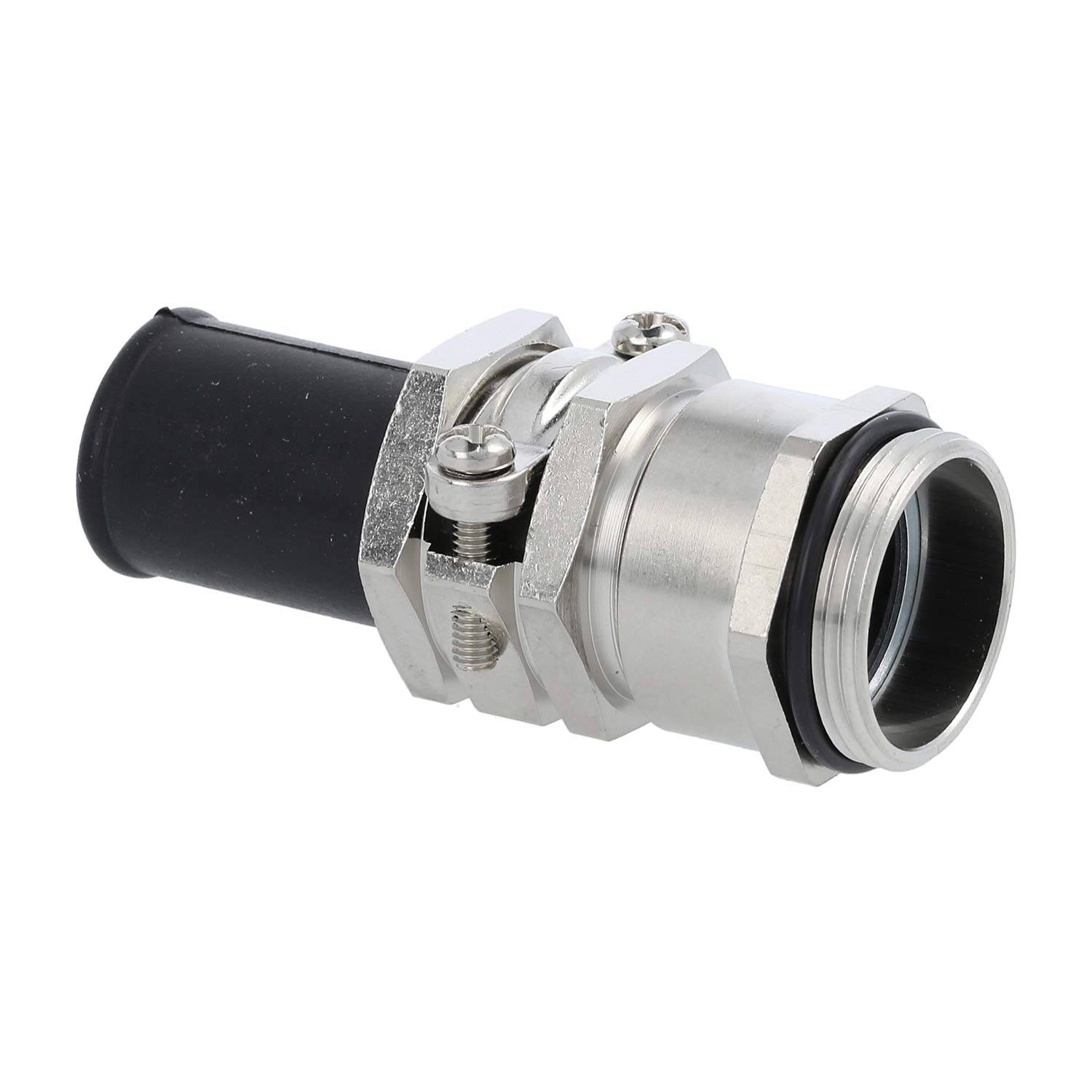 Ein zylindrischer Metallverbinder mit einem Gummiende und einem Gewindeabschnitt, der für eine sichere Kabelanbindung in industriellen Umgebungen konzipiert ist.