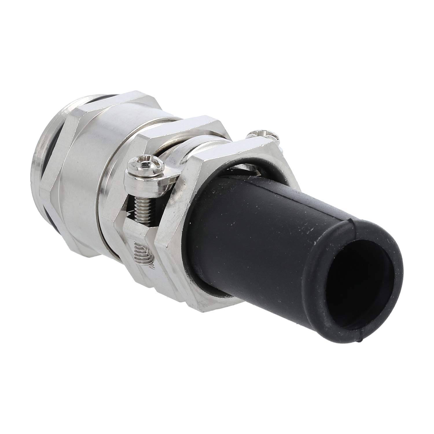 Eine Kabelverschraubung aus Metall mit einem schwarzen Gummieinsatz, ausgestattet mit einer sechseckigen Mutter zum Befestigen und Verschrauben um Kabel.