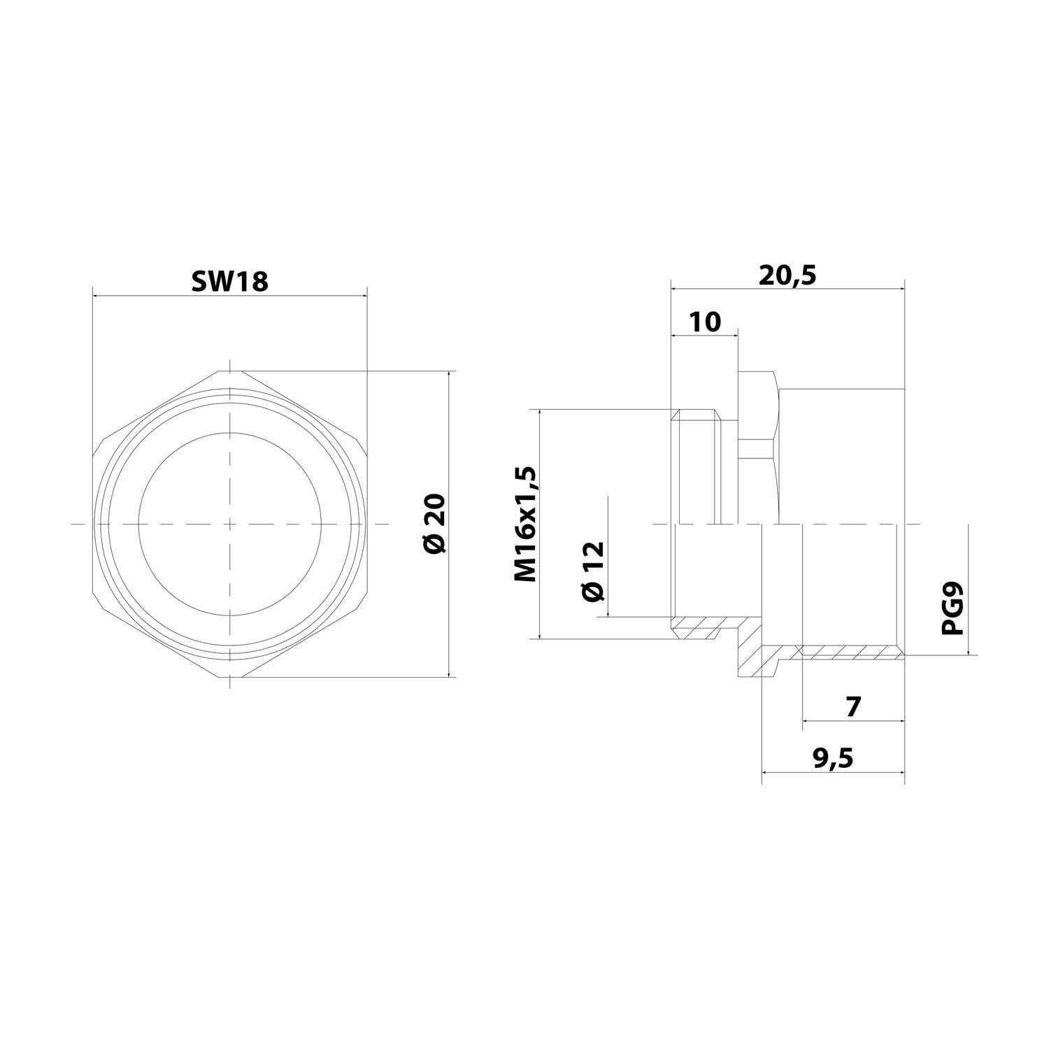 Technisches Diagramm einer zylindrischen Komponente mit Abmessungen: Durchmesser 20mm, M16x1,5-Gewinde, Länge 20,5mm und PG9-Gewinde.