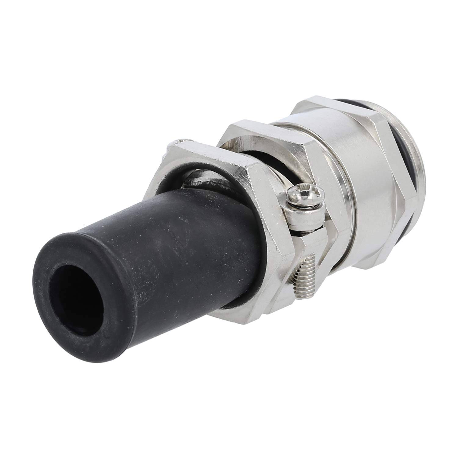 Metallisches Kabelschott mit schwarzer Gummidichtung, Sechskantmutter und Spanndesign zur Befestigung und zum Schutz von Kabeln in elektrischen Schränken.