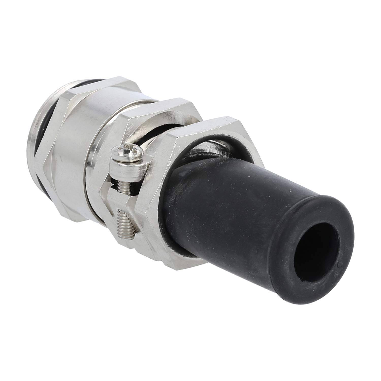 Eine metallische Kabelprüfplakette mit einer schwarzen Gummidichtung, die für einen sicheren und langlebigen Kabeleingang in elektrische Gehäuse ausgelegt ist.