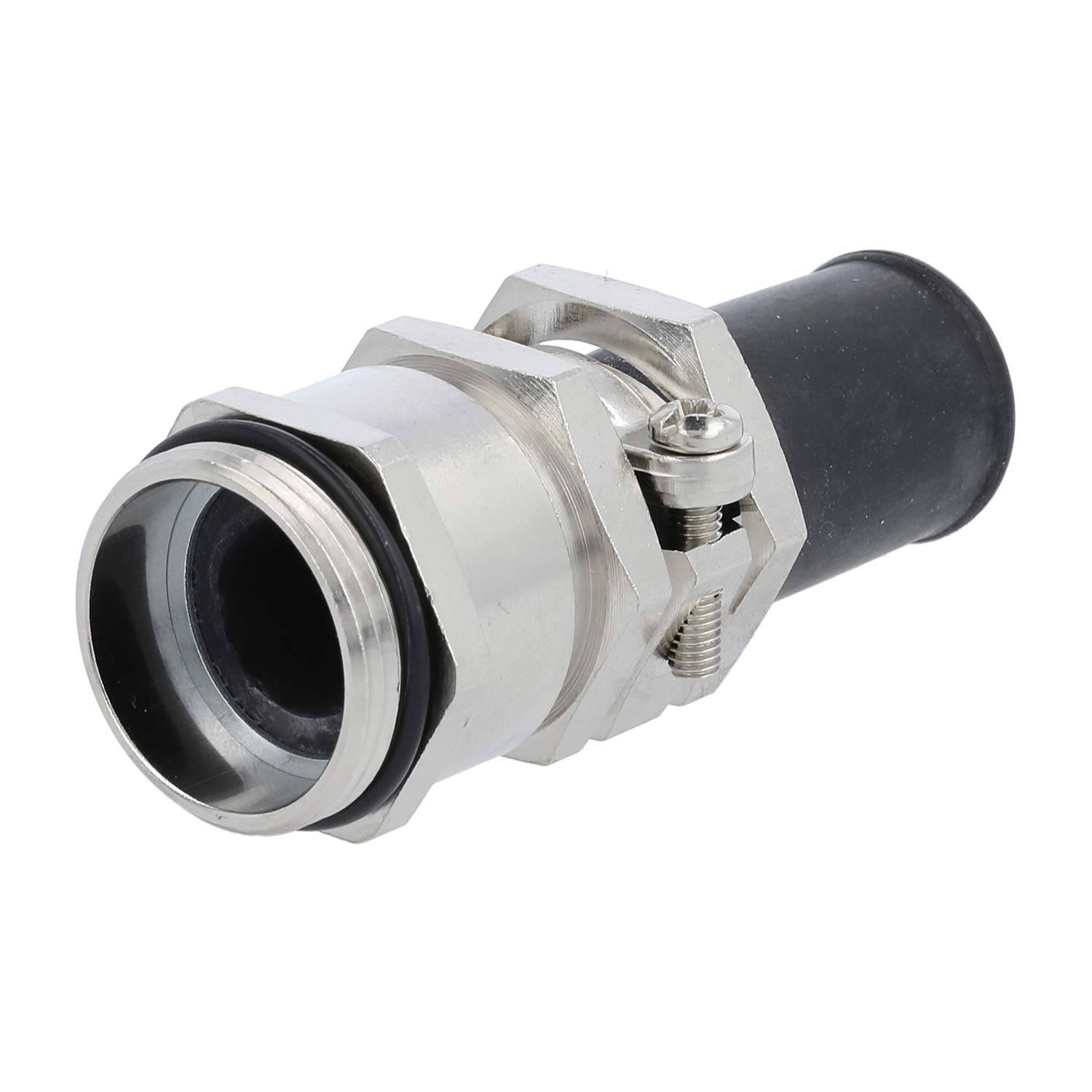 Eine Metallkabeleinführung mit Gewindelehre und Gummidichtung, die zum Befestigen und Abdichten von Kabeln in elektrischen Anwendungen verwendet wird.