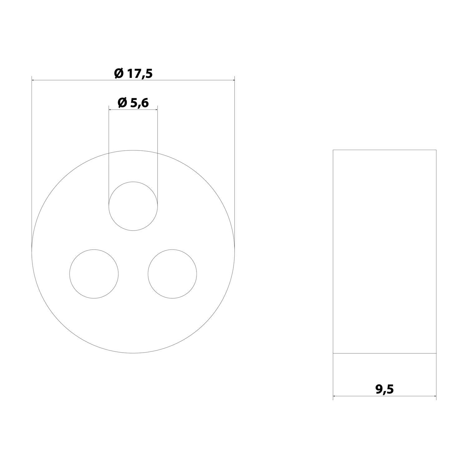 Technische Zeichnung eines kreisförmigen Objekts mit drei Bohrungen. Hauptkreisdurchmesser: 17,5 Einheiten. Bohrungsdurchmesser: 5,6 Einheiten. Seitenansicht Breite: 9,5 Einheiten.