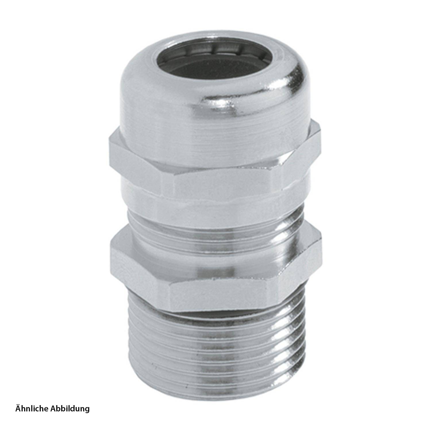 Metallischer Kabelstutzen, Gewinde, sechseckige Form, reflektierende Oberfläche.