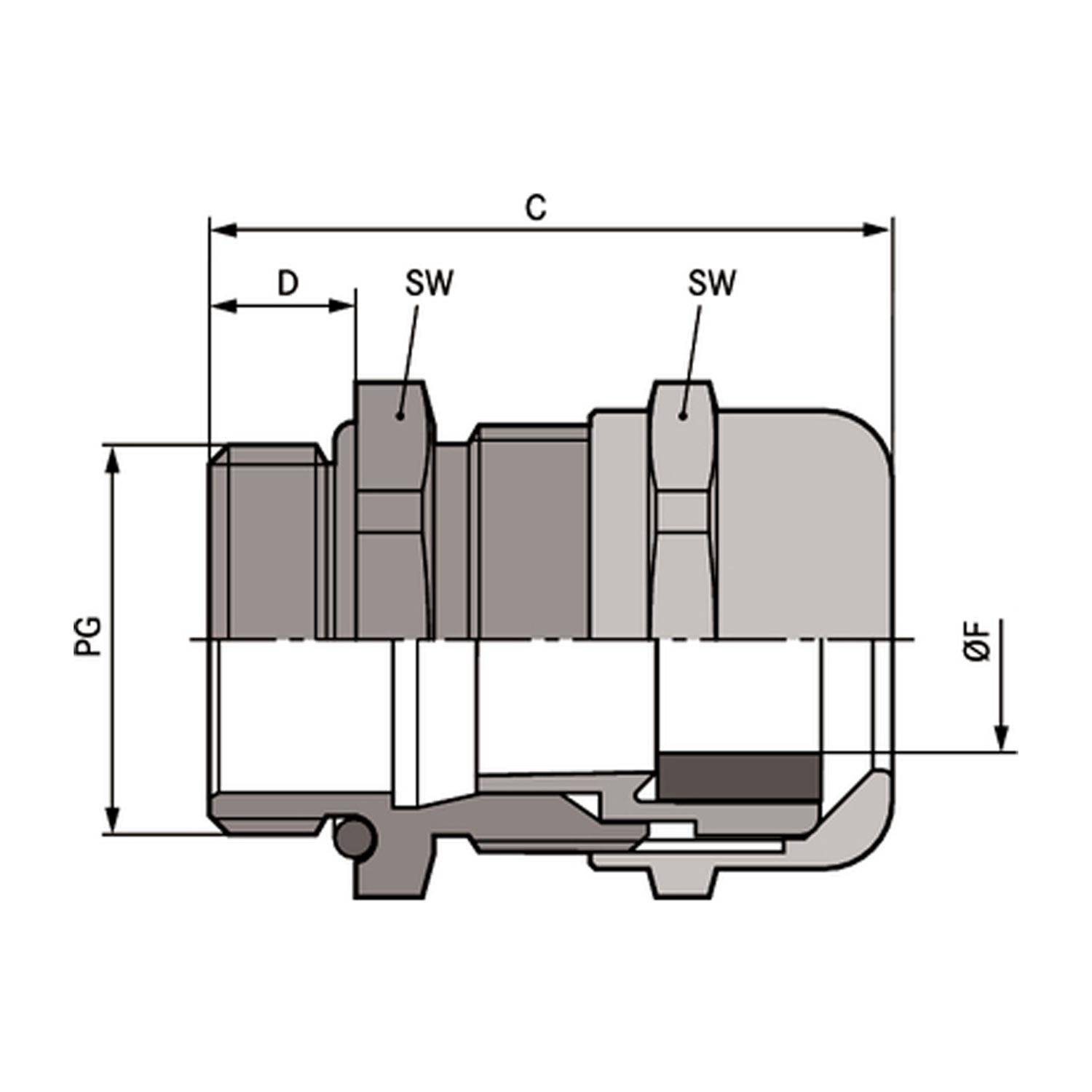 Technische Zeichnung einer mechanischen Komponente mit beschrifteten Abmessungen: PG, ØF, SW, D und C. Zeigt Messungen und Schnittansicht.