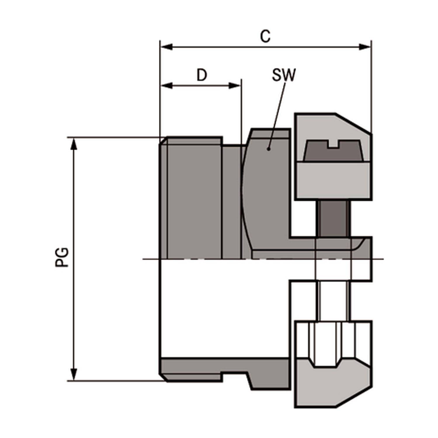Technische Zeichnung eines mechanischen Bauteils mit beschrifteten Abmessungen: PG, C, D und SW. Sie zeigt die Seitenansicht mit Verbindungsdetails.