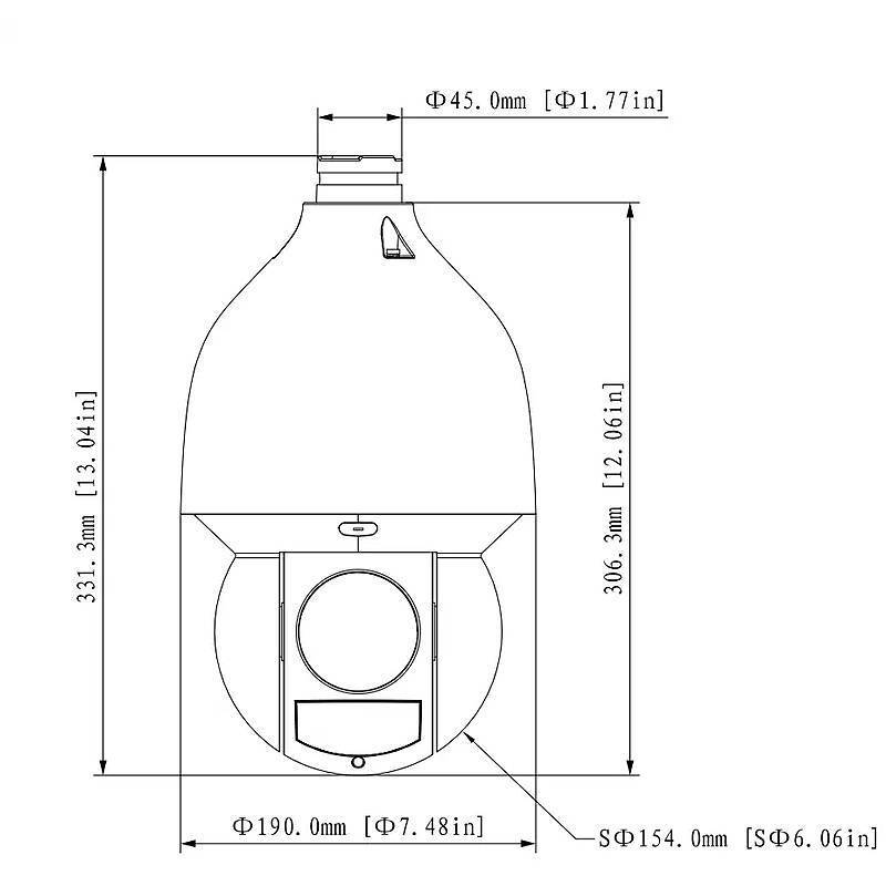 „Technische Zeichnung eines birnenförmigen Objekts mit den Abmessungen: 331,3 mm Höhe, 190,0 mm Bodendurchmesser, 45,0 mm Oberdurchmesser, 154,0 mm Seitenlänge.