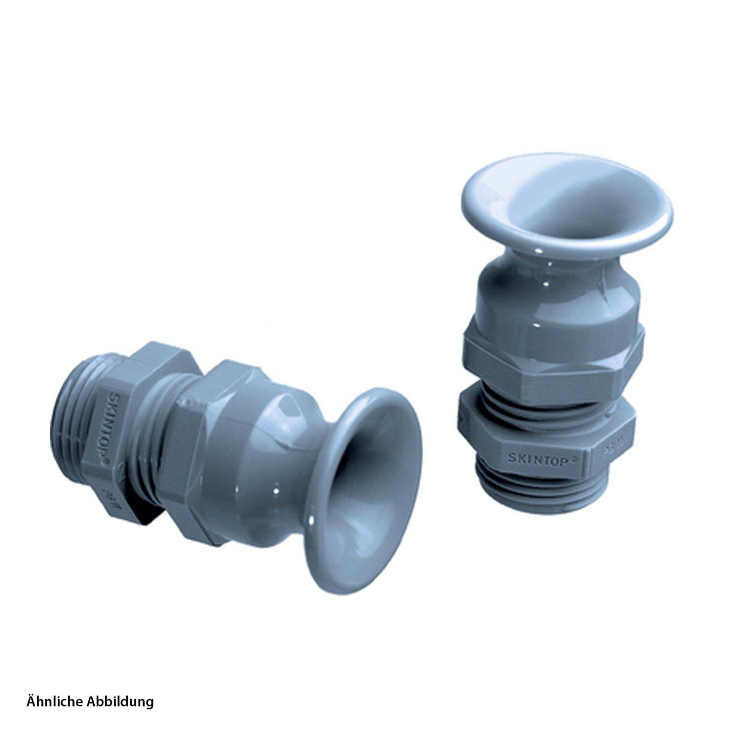 Zwei graue Kabelverschraubungen mit Gewinde-Enden und kuppelförmigen Oberteilen werden gezeigt und sind mit „SKINTOP