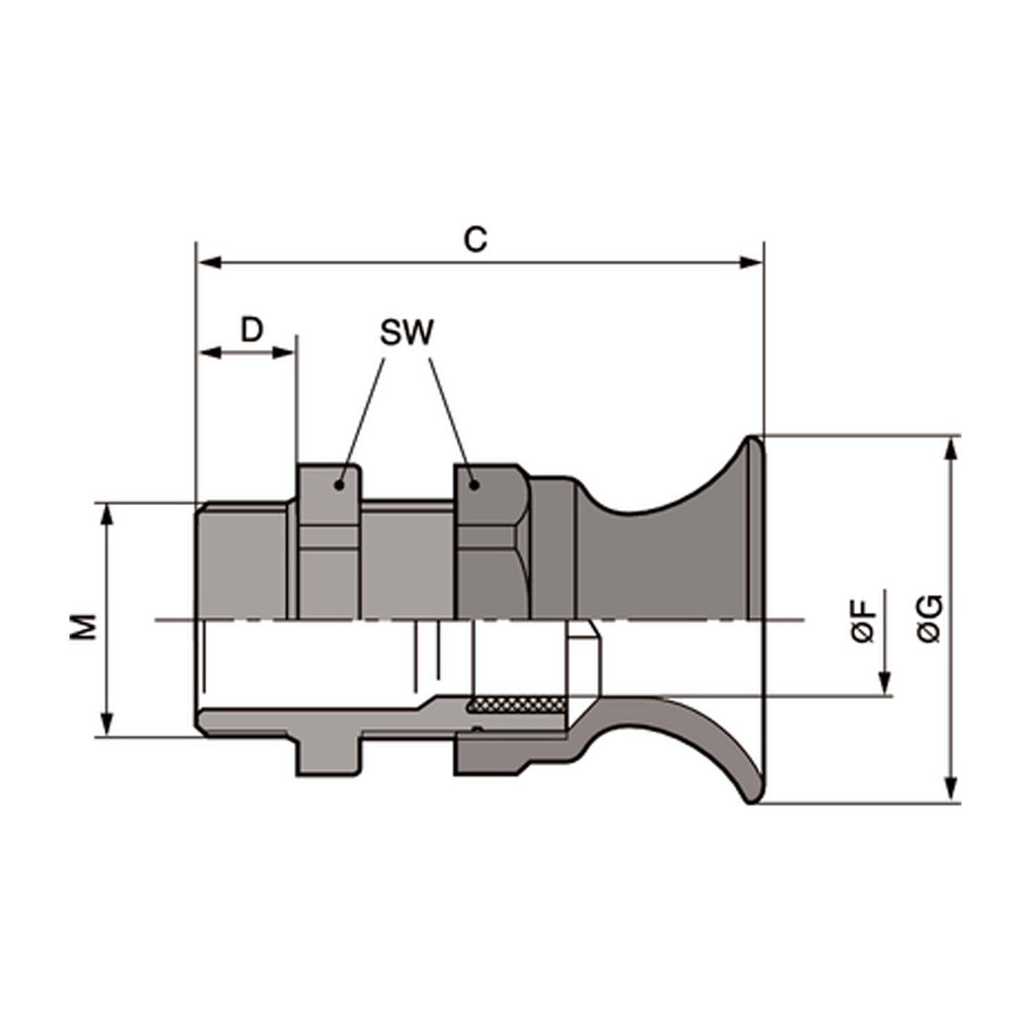 Diagramm einer mechanischen Verbindung. Beschriftungen zeigen Abmessungen: C, D, SW, M, ØF, ØG. Es enthält eine Querschnittsansicht des Verbindungsdesigns.