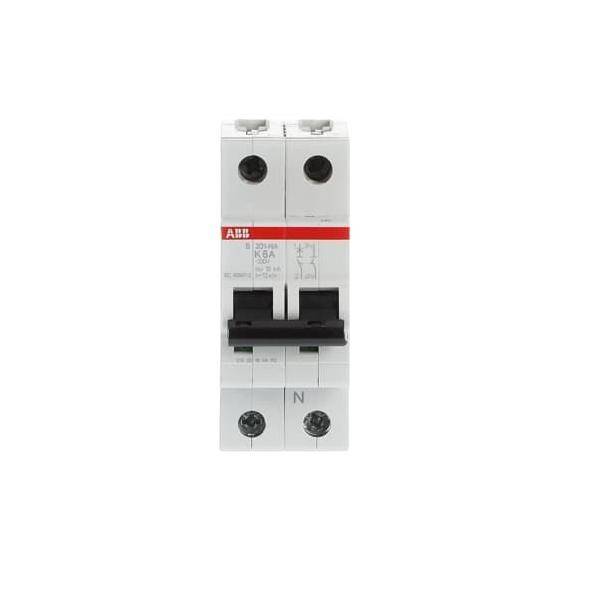 Ein weißer Zweipol-Leitungsschutzschalter mit schwarzen Schaltern, gekennzeichnet mit 16A und einem ABB-Logo oben, entwickelt für elektrischen Schutz.