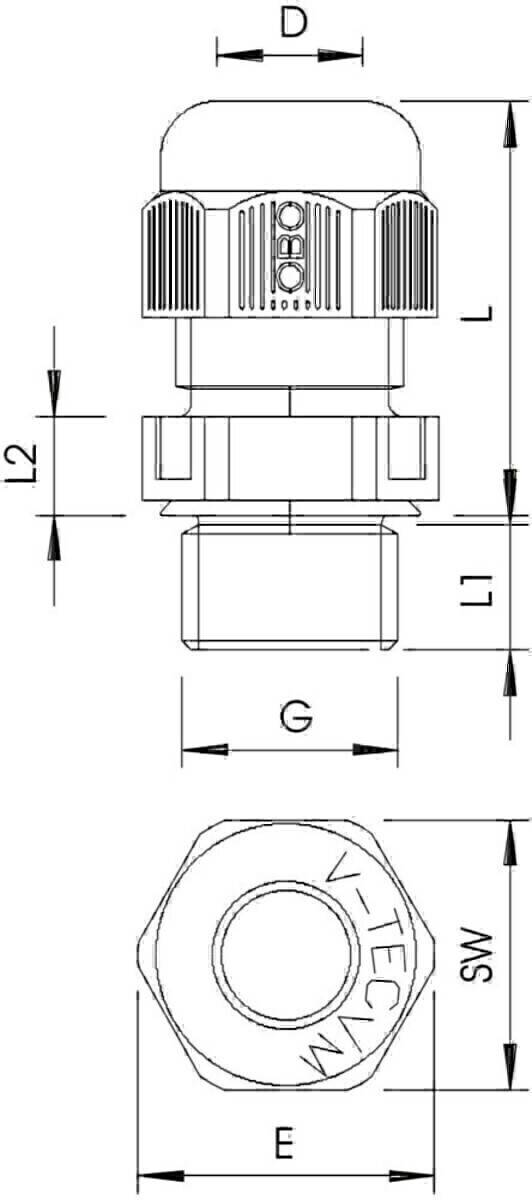 Technische Zeichnung einer mechanischen Komponente mit beschrifteten Abmessungen: L, L2, G. Die Abbildung zeigt eine Seitenansicht eines zylindrischen Bauteils.