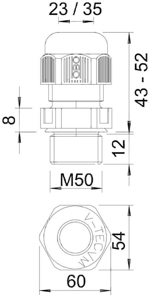 Technische Zeichnung einer mechanischen Komponente, gekennzeichnet mit Maßen: Höhe 43-70 mm, Breite 8 mm, Basis 12 mm, Schraubengröße M50.