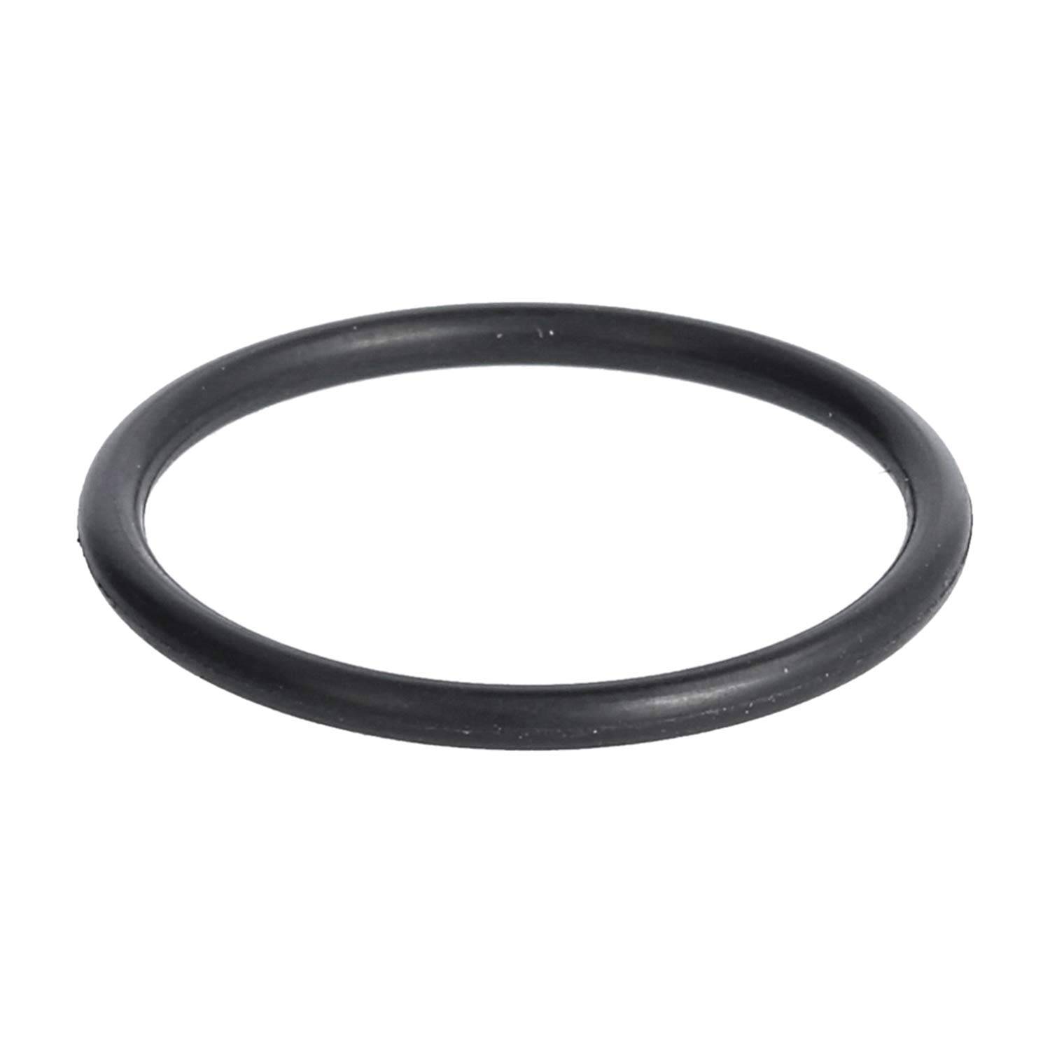 Ein schwarzer Gummi-O-Ring auf einem einfachen weißen Hintergrund, der häufig als Dichtung in Maschinen und Rohrleitungssystemen verwendet wird.