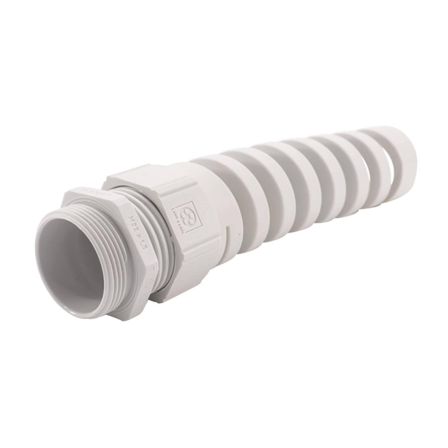 Ein weißer, flexibler Leitungsverbinder mit einer gewundenen Konstruktion, der wahrscheinlich zum Schutz und zur Führung von elektrischen Kabeln verwendet wird.