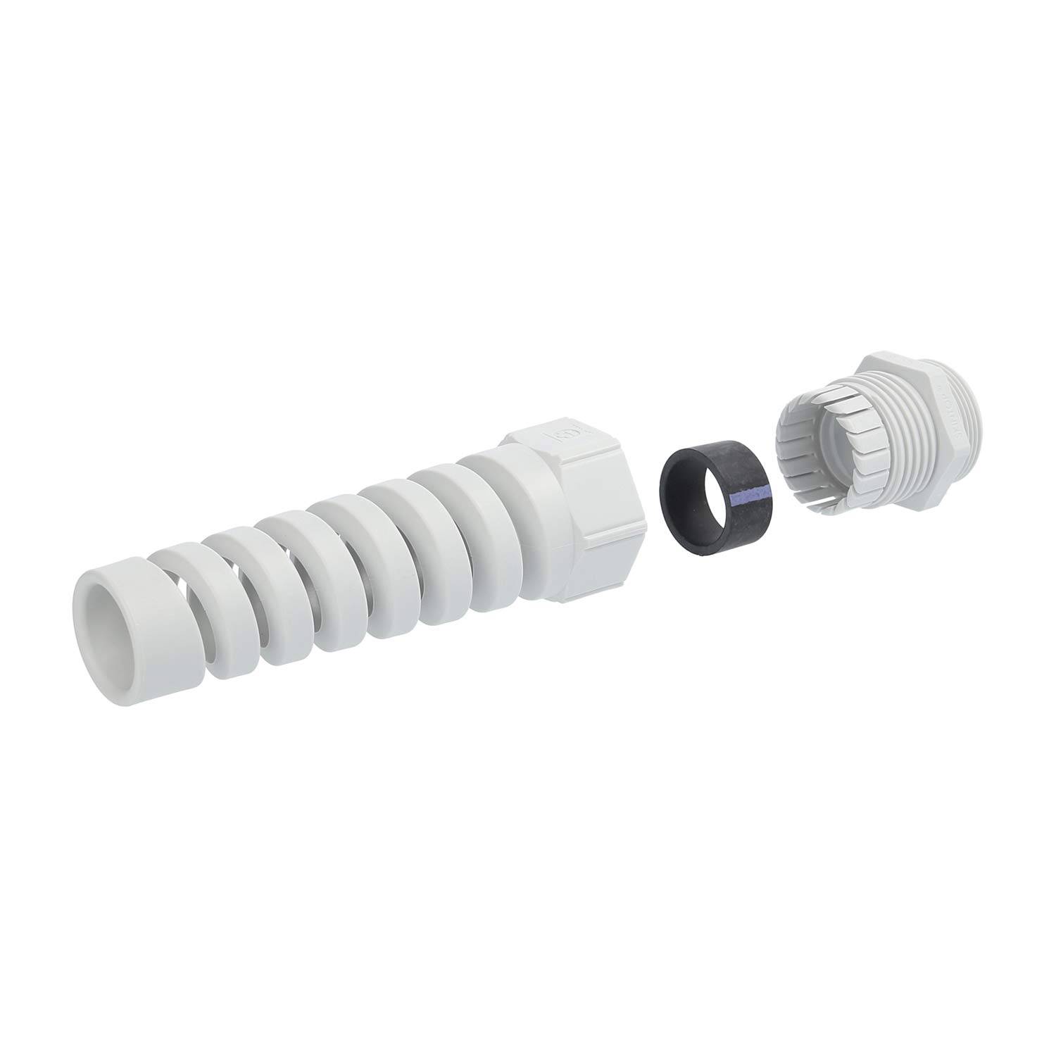 Eine weiße flexible Leitungsarmatur mit einer Gegenmutter und einem Dichtungsring, die ihre Teile zerlegt zeigt.