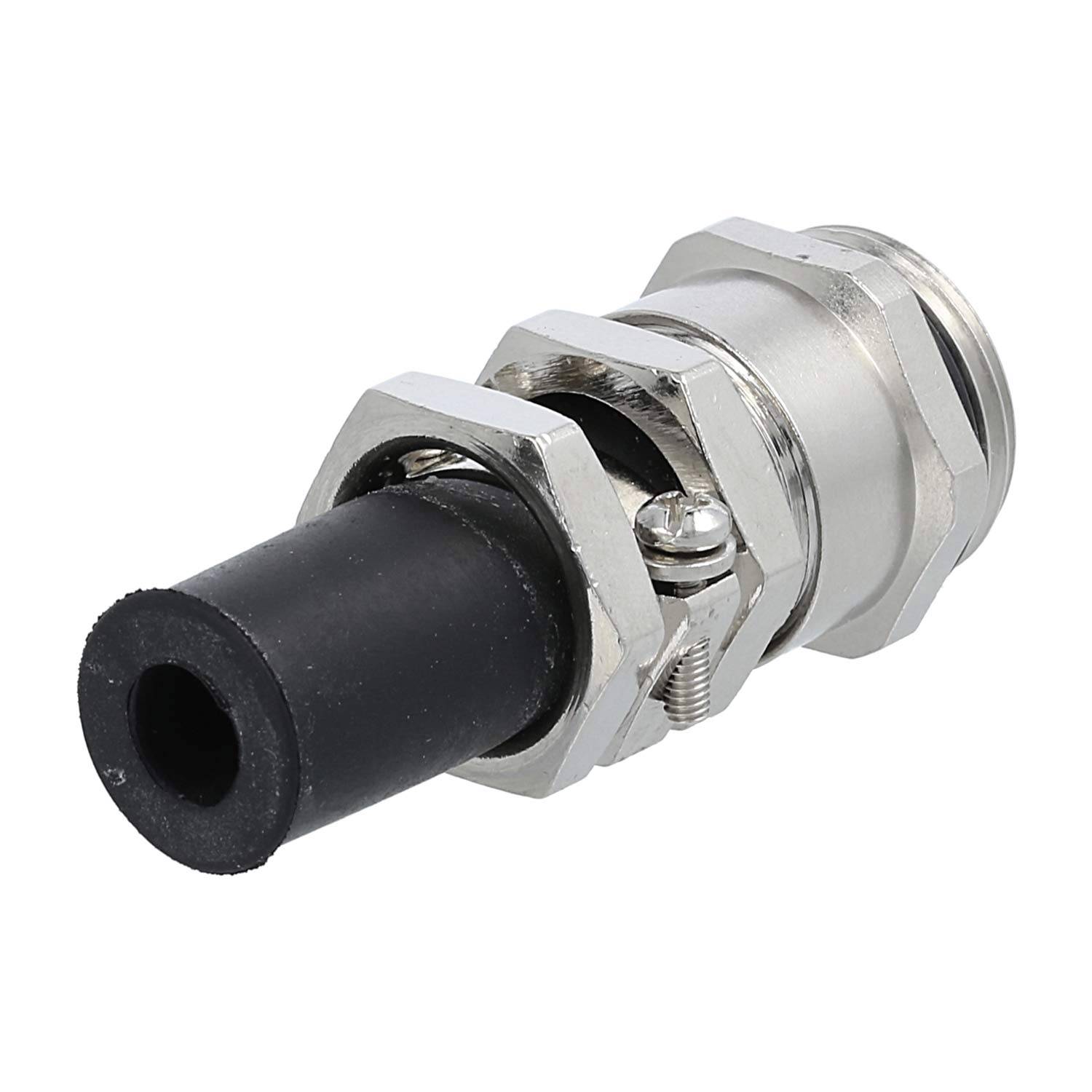 Ein Metallkabelgland mit Sechskantmutter und Gummieinsatz, verwendet zum Befestigen und Abdichten von Kabeln in elektrischen Schaltschränken.