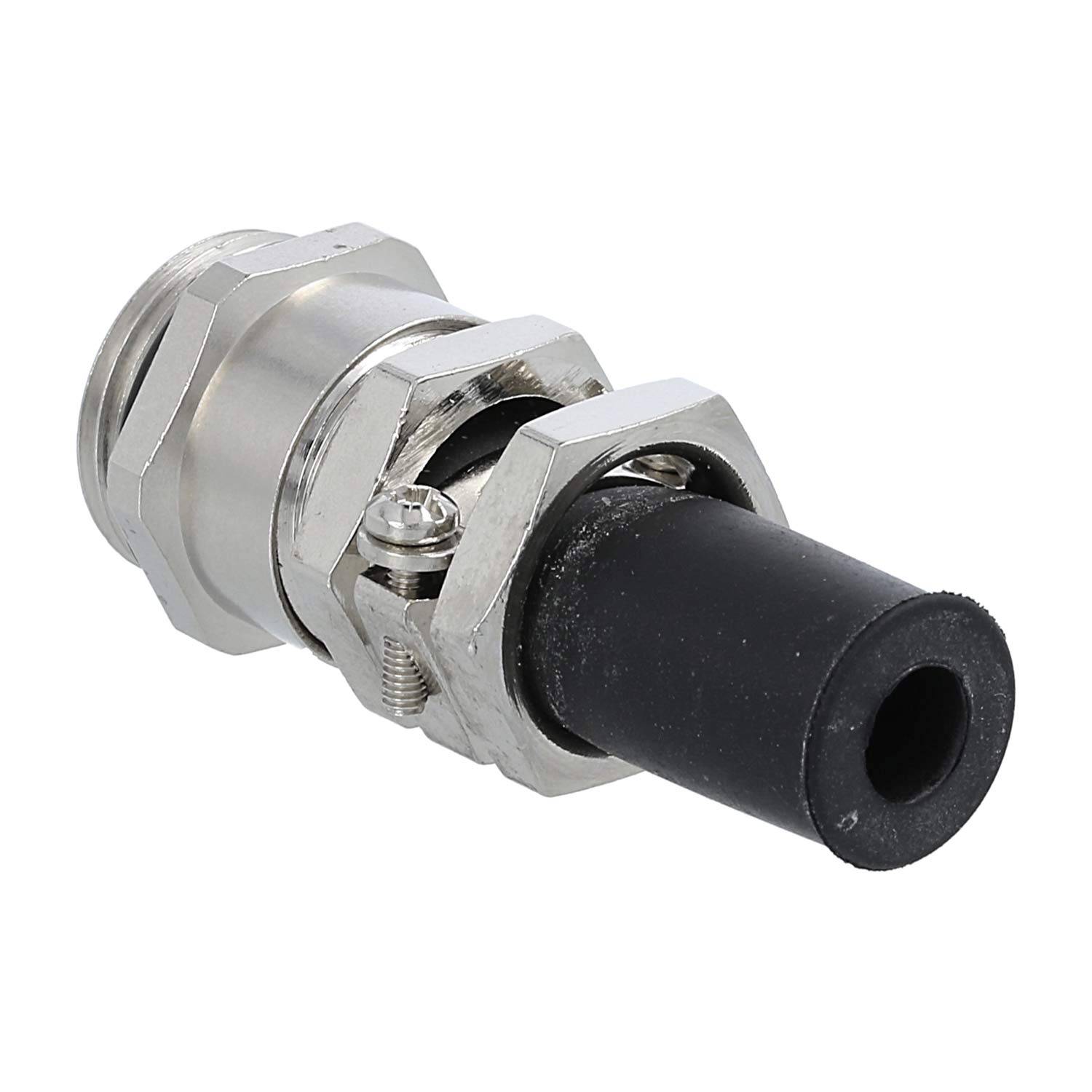 Eine Metallkabeleinführung mit einer schwarzen Gummidichtung, die typischerweise verwendet wird, um das Ende eines Elektrokabels an einem Gerät oder Gehäuse zu befestigen und zu sichern.