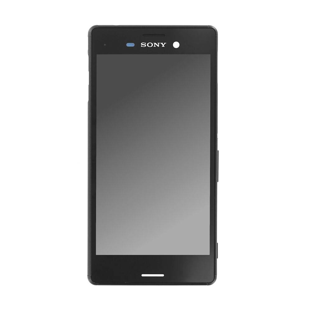 Ein schwarzes Sony-Smartphone mit großem Display, minimalen Tasten und einem Kameraobjektiv oben.