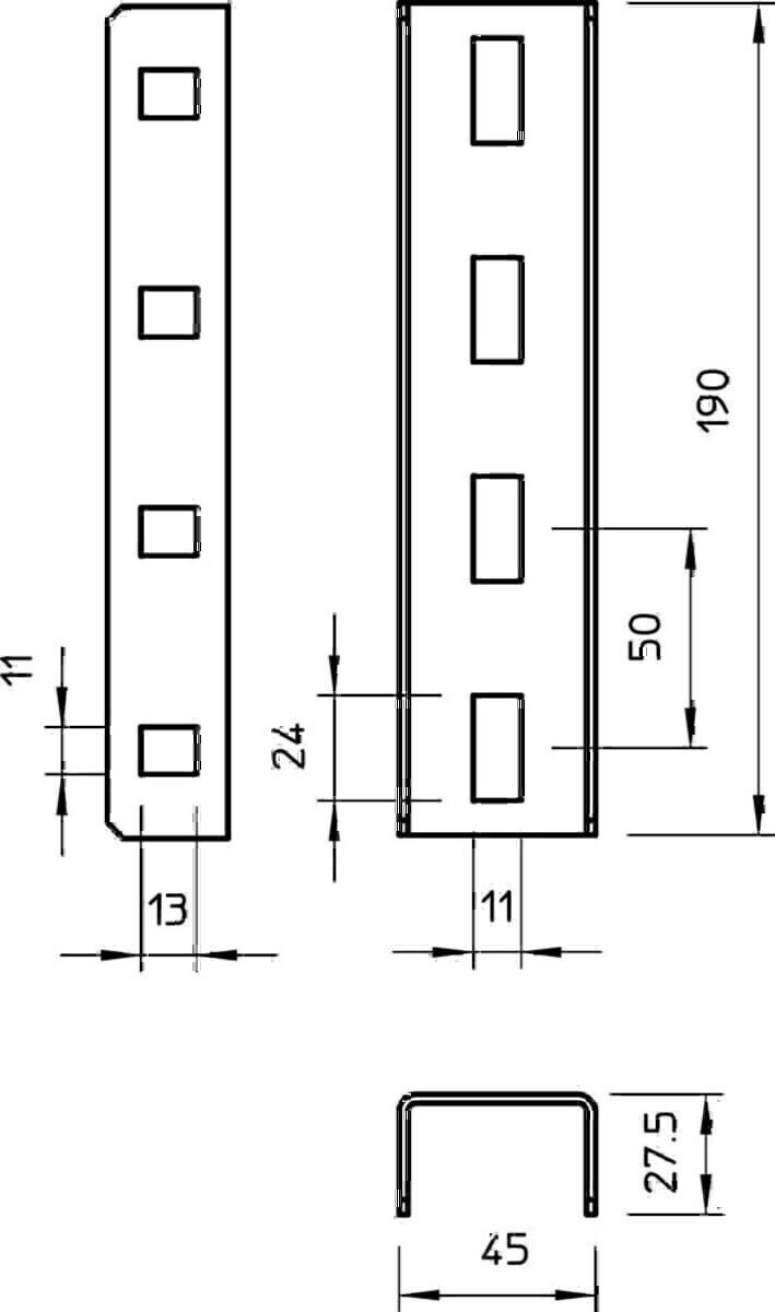 Technische Zeichnung von Metallhalterungen mit Maßen: 190 Höhe, 50 zwischen den Abschnitten, 24 Breite und 13 und 11 Abstand für Löcher.