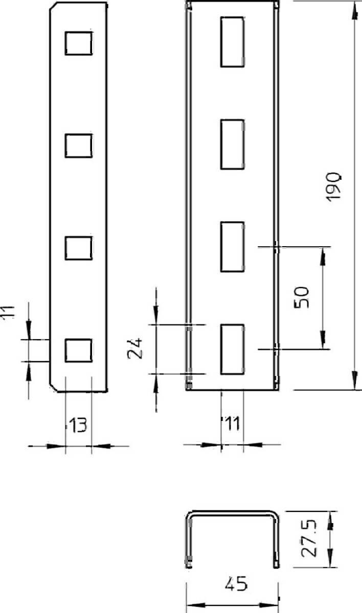 Technische Zeichnung eines länglichen Metallhalters mit gleichmäßig angeordneten quadratischen Löchern. Abmessungen: 190 mm Höhe, 24 mm Breite, 11 mm Lochabstand.
