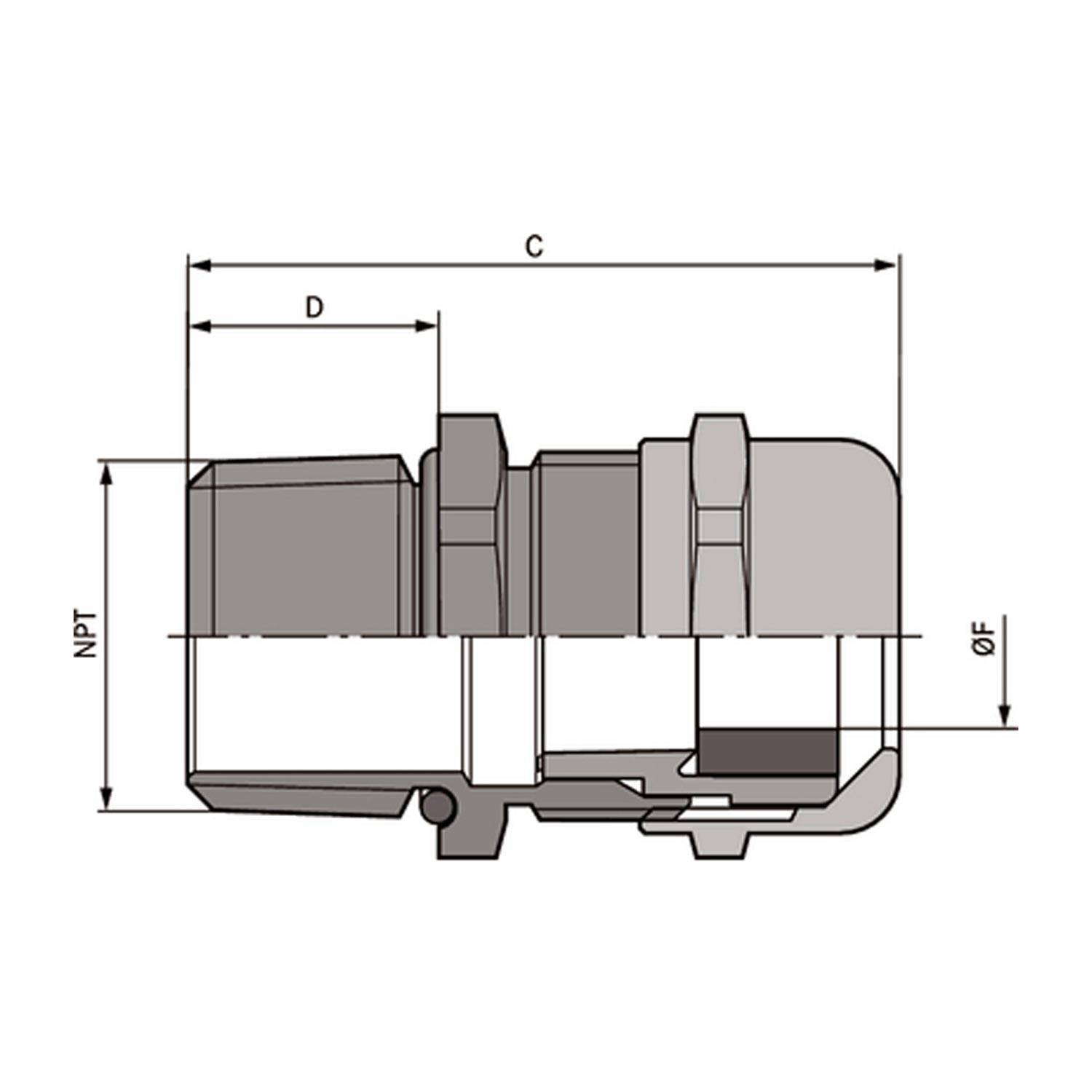 „Technisches Diagramm einer Rohrverschraubung. Beschriftungen: NPT auf der linken Seite, C und D zeigen Längenmessungen an, GF kennzeichnet die Breite am rechten Ende.