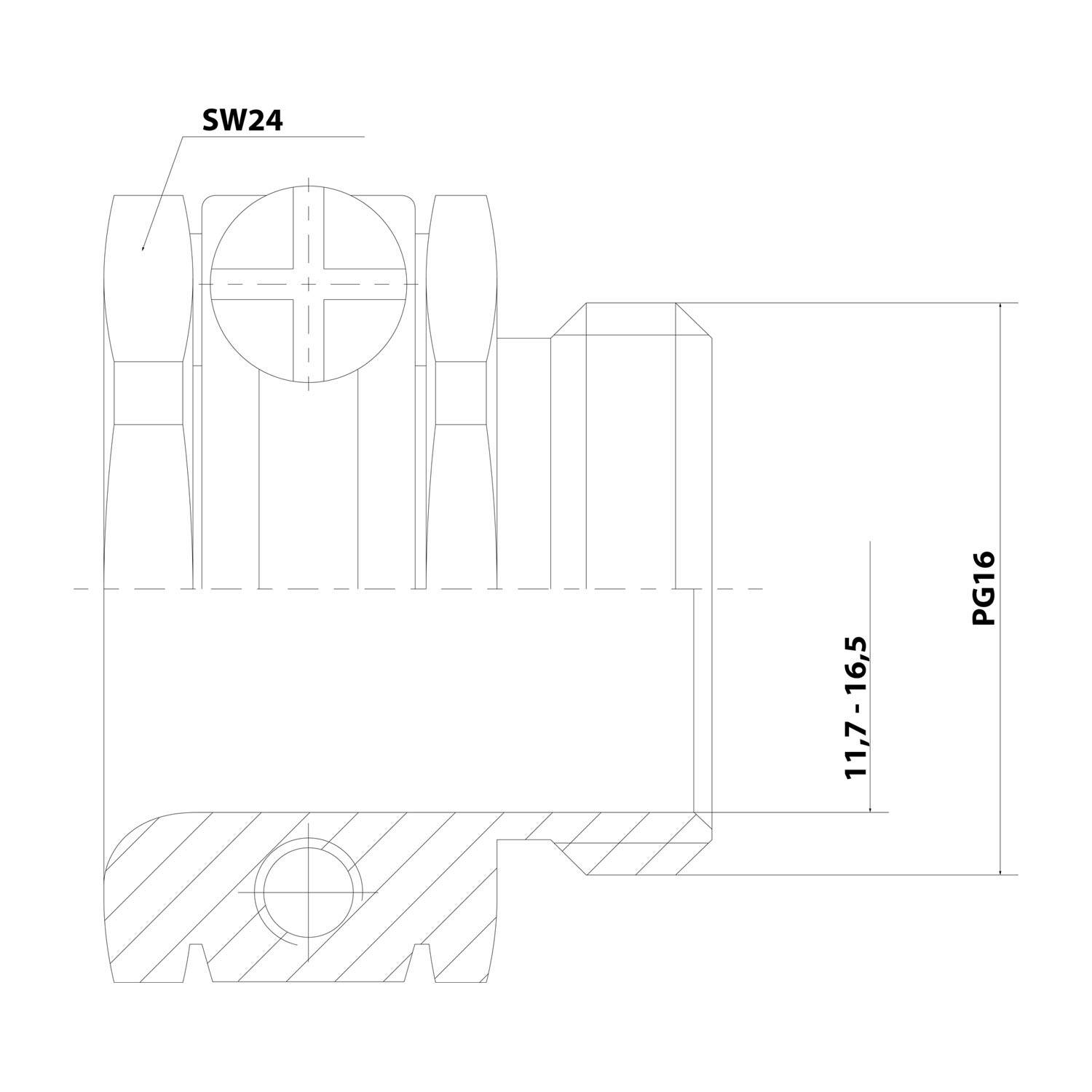Technische Zeichnung einer mechanischen Komponente mit gekennzeichneten Abmessungen 'SW24' und 'PG16', showing Messungen und Querschnittdetails.