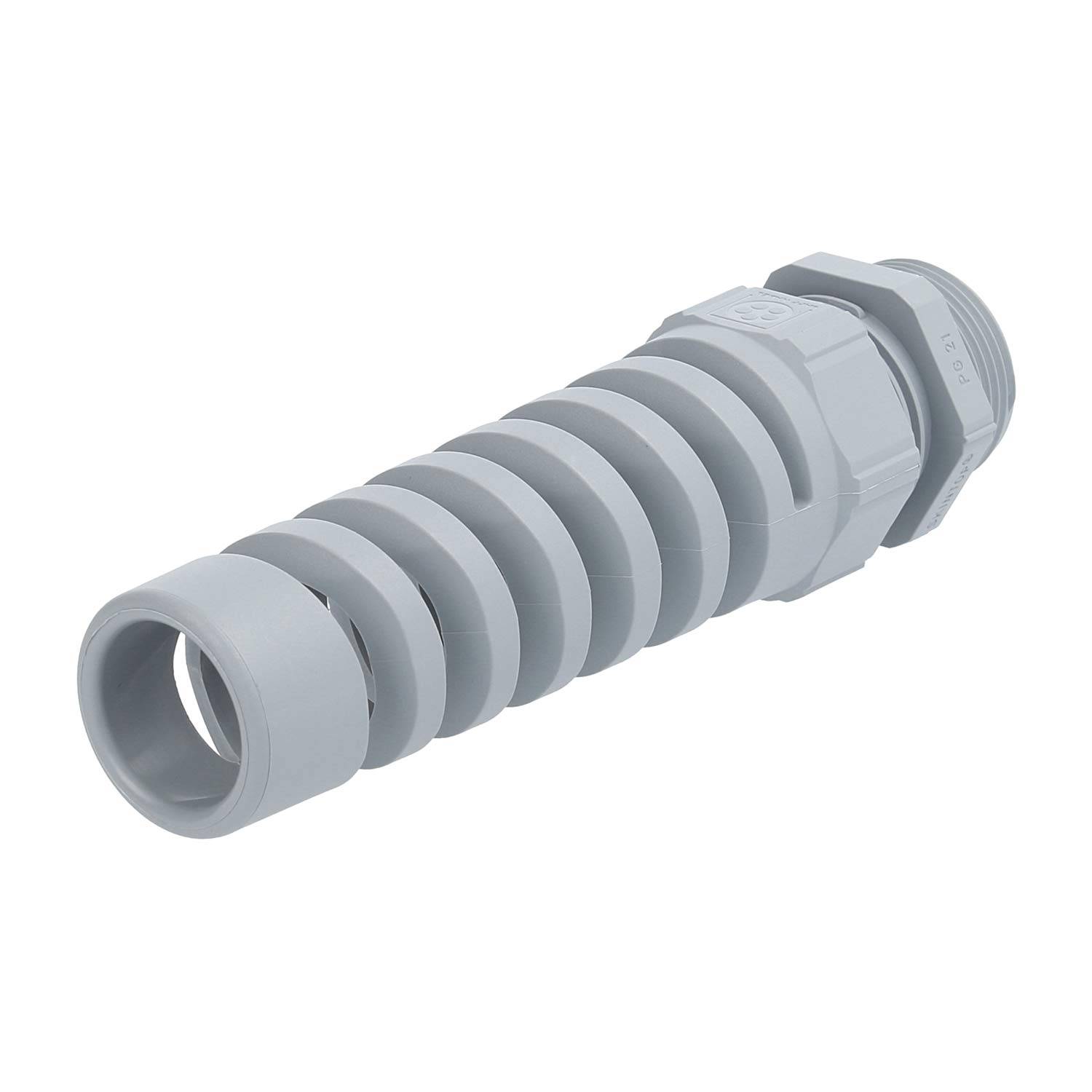 Eine graue flexible Leitungsschelle mit Gewindeende, verwendet zum Schutz von elektrischen Kabeln, vor einem einfarbigen weißen Hintergrund.