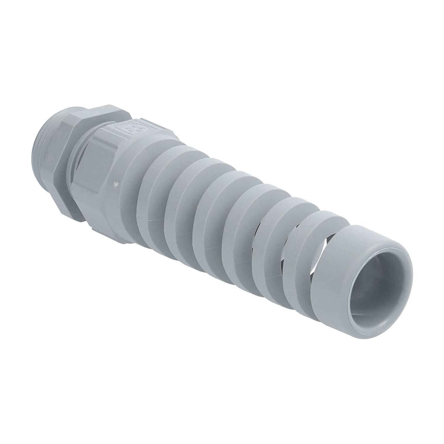 Eine graue flexible Kabelverschraubung mit Spiraldesign, die zum Schutz von Kabeln vor Zugbelastung dient und eine Gewindeanschluss zur Installation besitzt.