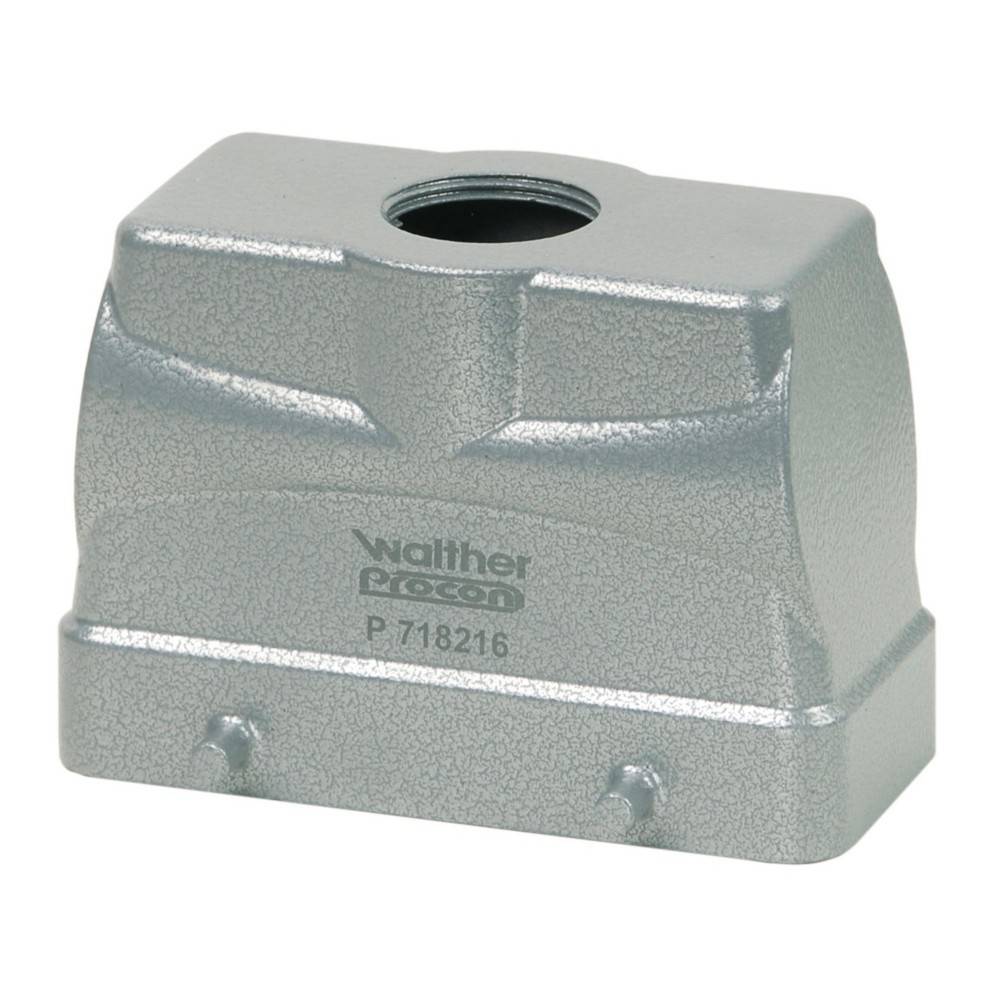 Ein metallisches industrielles Anschlussgehäuse mit einem zentralen Loch an der Oberseite, graviert mit 'Walther Recos' und der Teilenummer 'P718216' an der Vorderseite.