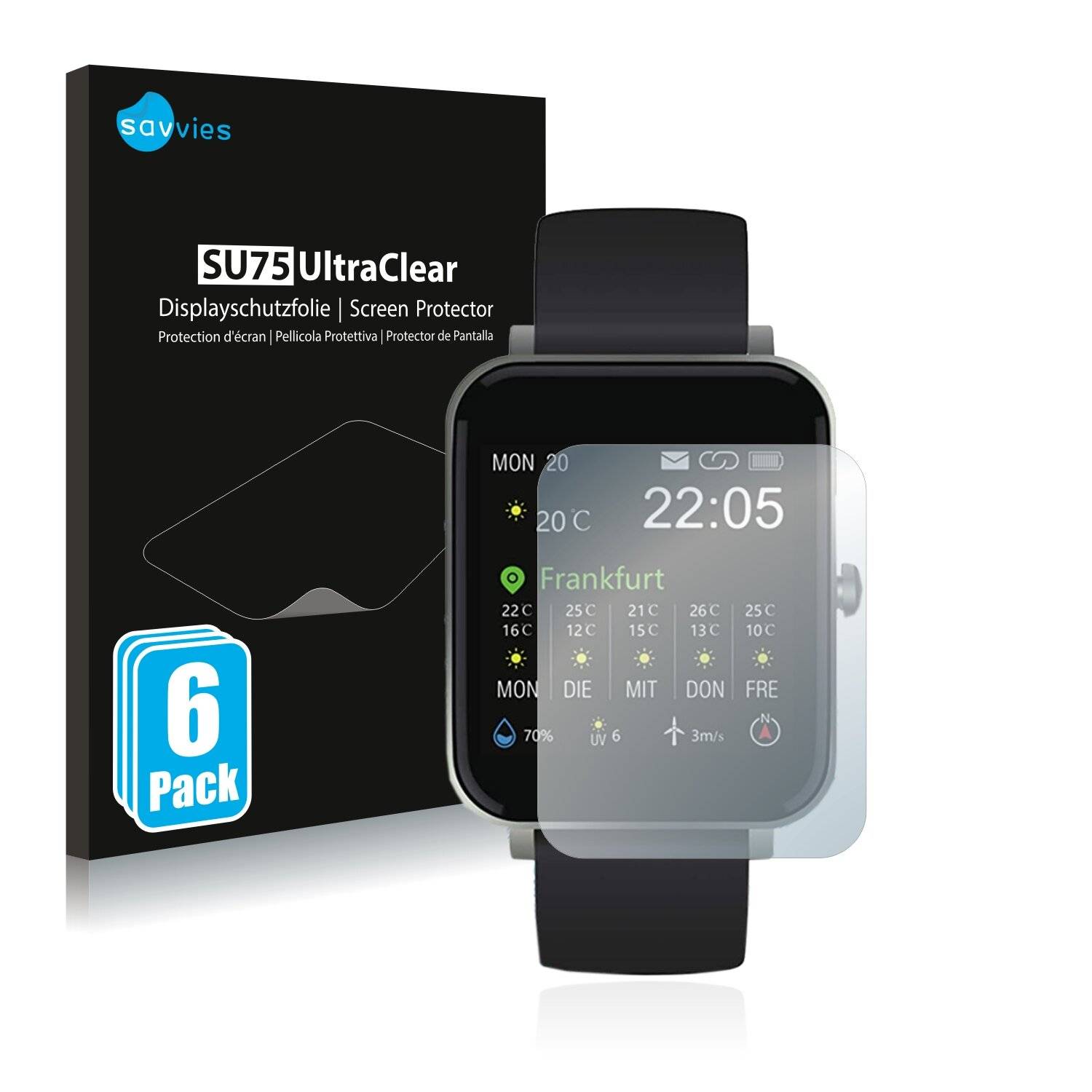 6x Savvies SU75 Displayschutzfolie für Zagzog Smartwatch