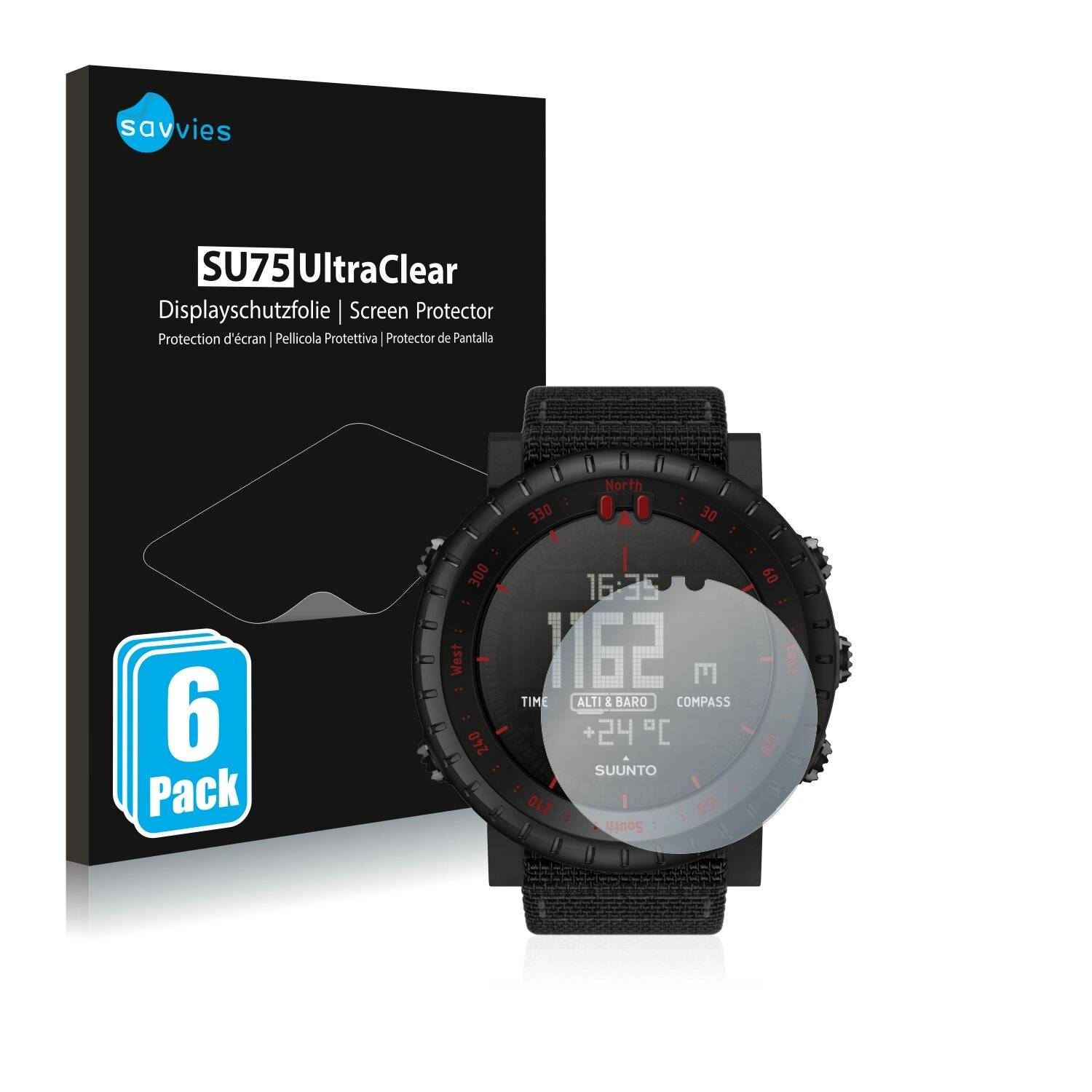 6x Savvies SU75 Displayschutzfolie für Suunto Core Black