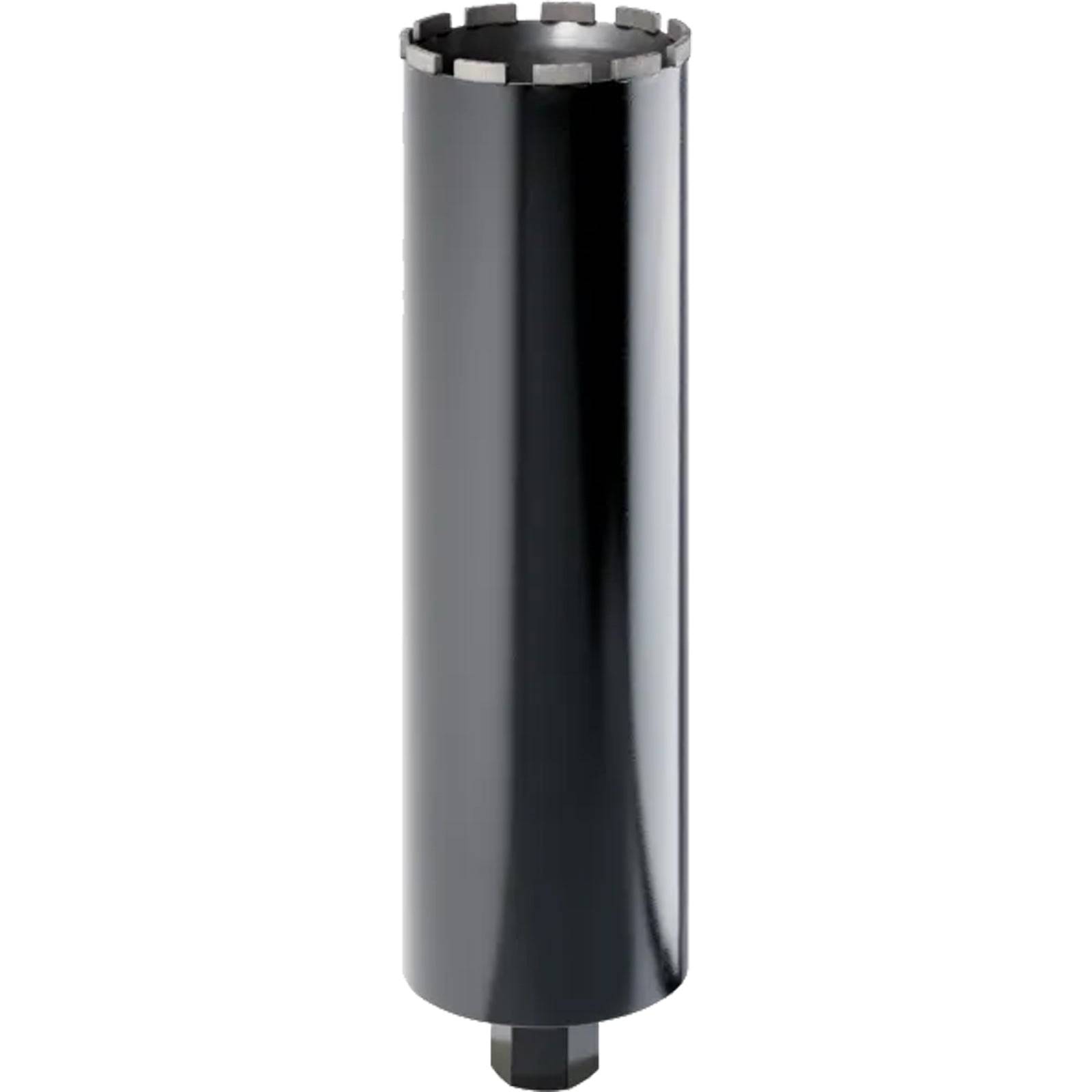 Ein zylindrischer schwarzer Kernbohrer mit gezacktem Rand, der zum Bohren durch Beton oder ähnliche Materialien konzipiert ist.