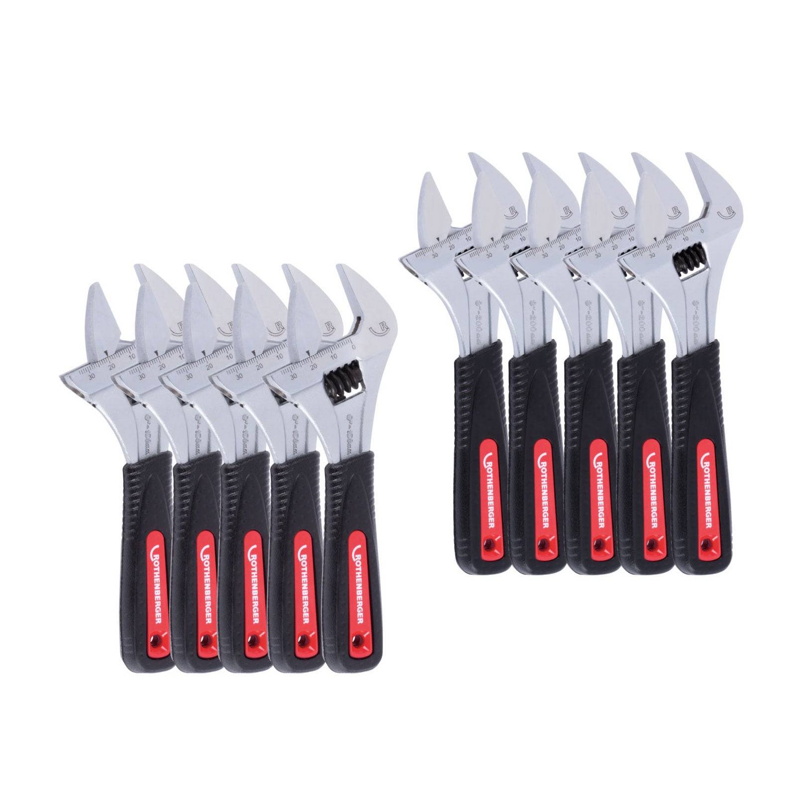 Ein Satz von zwölf identischen verstellbaren Schraubenschlüsseln mit schwarzen und roten Griffen, in zwei ordentlichen Reihen angeordnet, wobei jeder Schlüssel Maßstrichmarkierungen zeigt.