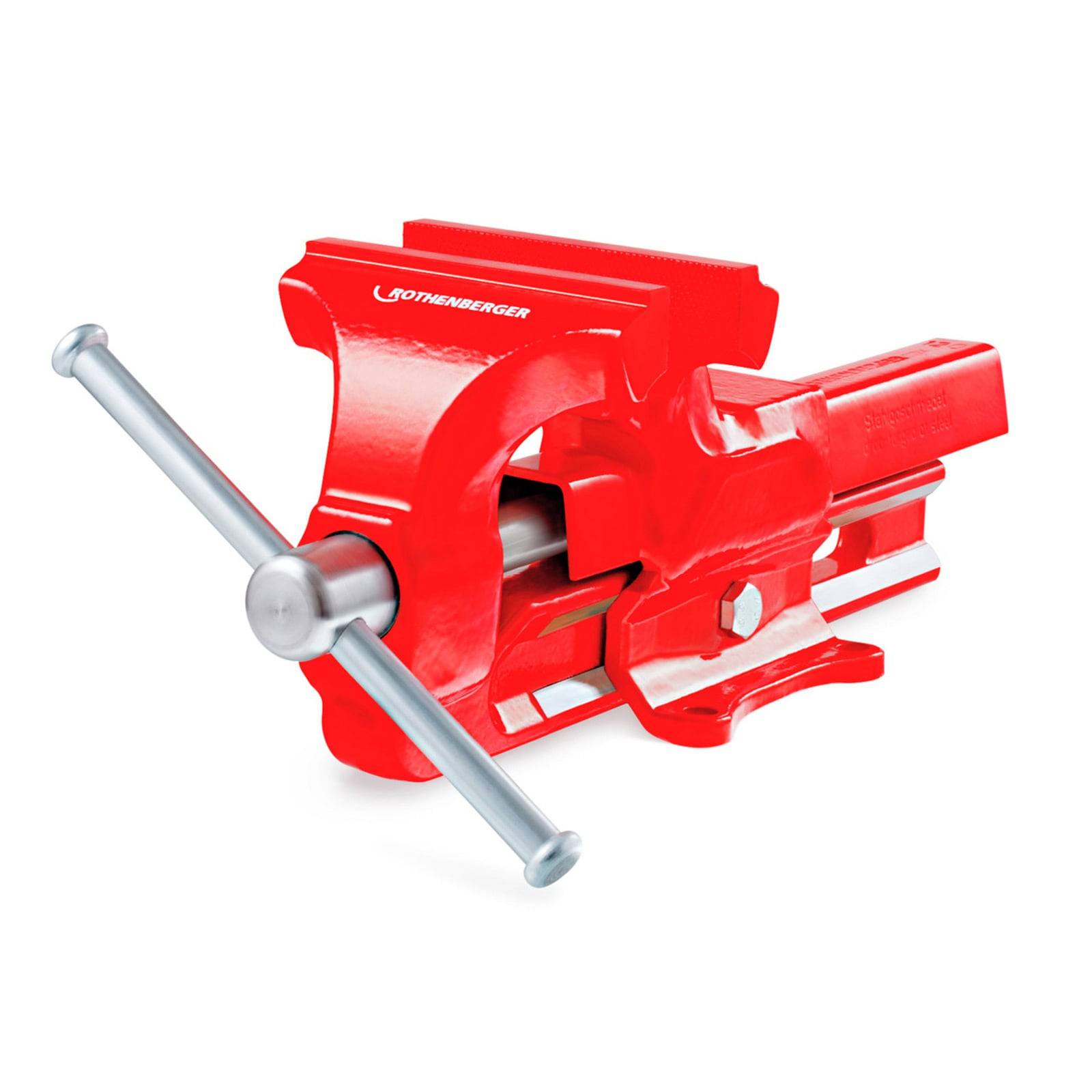 Eine hellrote Schraubstock mit einem robusten Metallgriff, der verwendet wird, um Objekte während Holz- oder Metallarbeiten sicher zu befestigen.