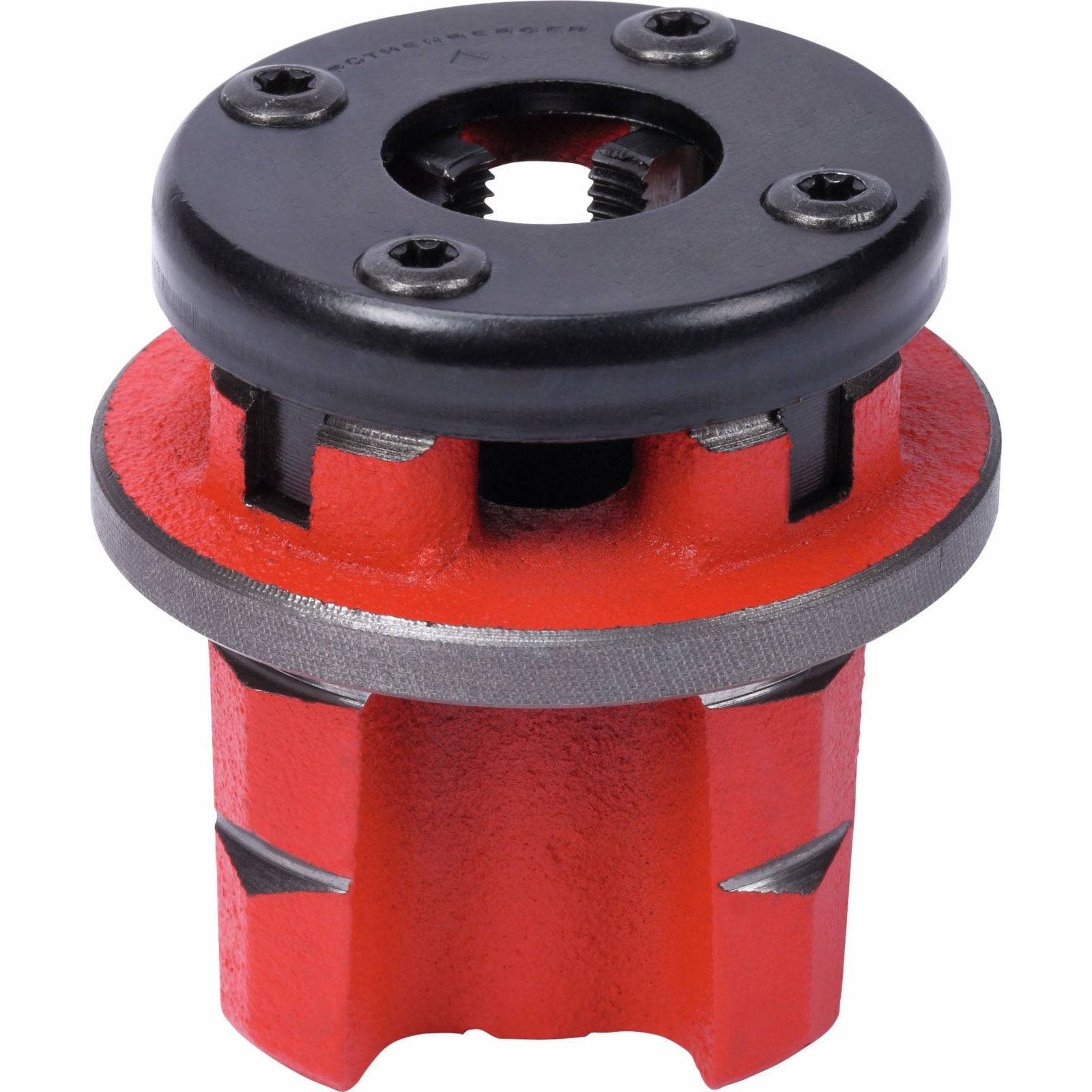 Roter Gewindekopf mit schwarzem Deckel und metallischen Gewindezähnen, verwendet zum Schneiden von Gewinderillen an Rohren in der Sanitär- und Maschinenbaubranche.