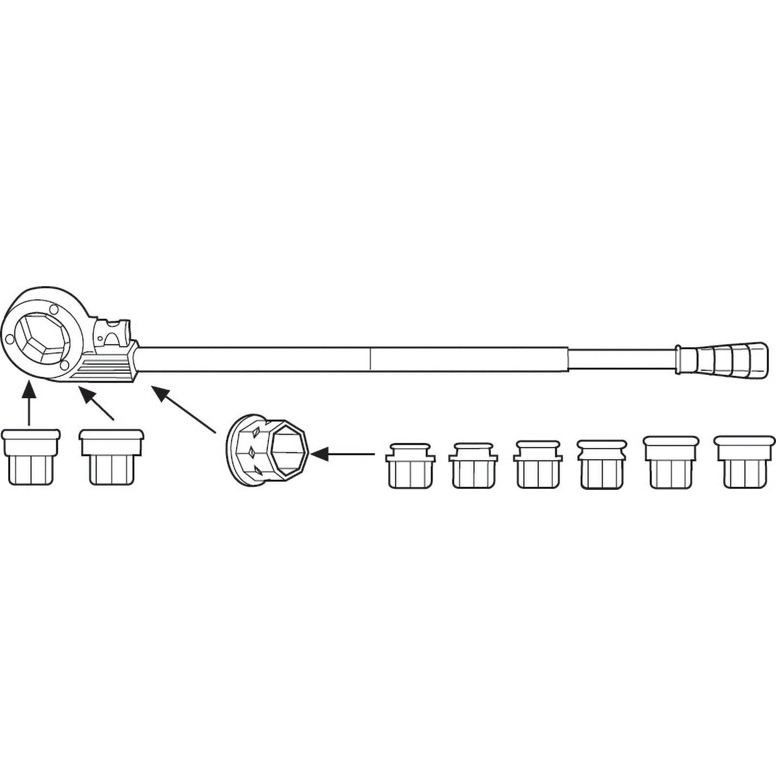 Darstellung eines Drehmomentschlüssels mit mehreren austauschbaren Aufsteckköpfen, wobei ein Aufsatzkopf durch Pfeile hervorgehoben und bezeichnet wird.